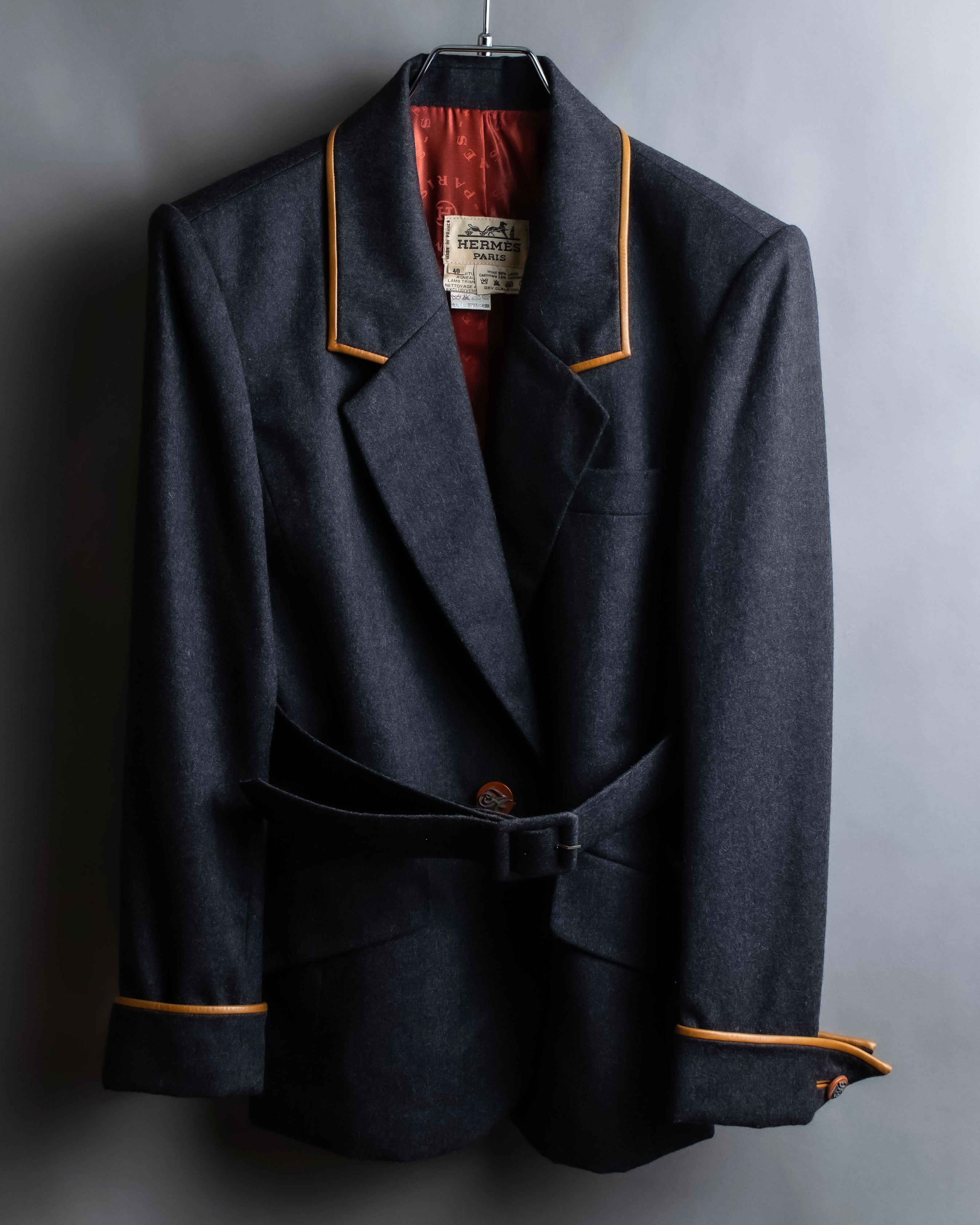 "HERMES" Vintage leather piping design belted tailored jacket