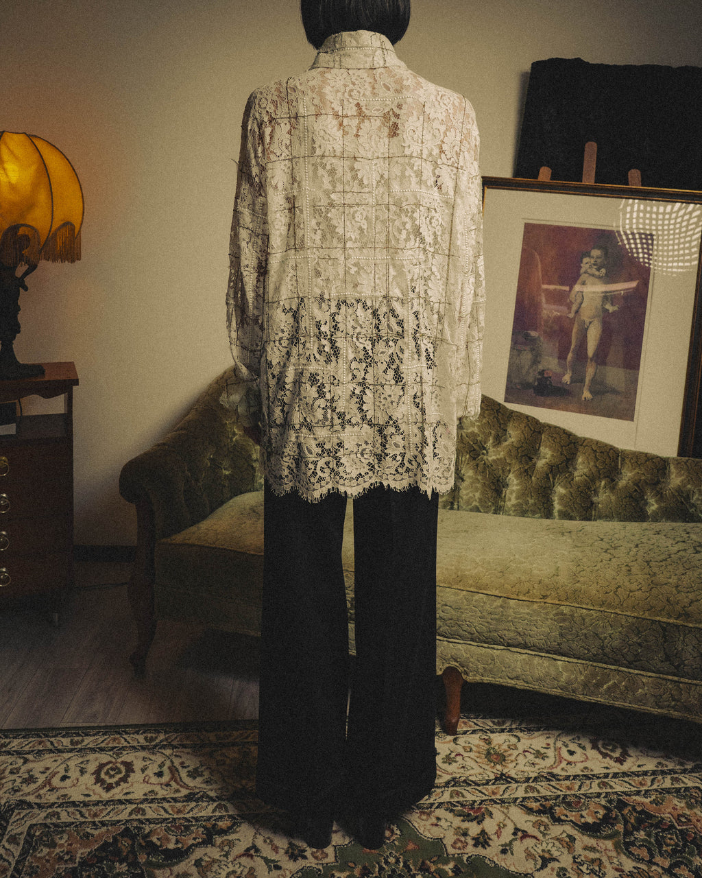 -SPECIAL- "CHANEL" 10's-20's Embellished floral lace and pearl check oversized shirt
