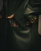 -SPECIAL- “LOEWE” 80’s-90’s Gold buttoned olive leather double-breasted tailored jacket