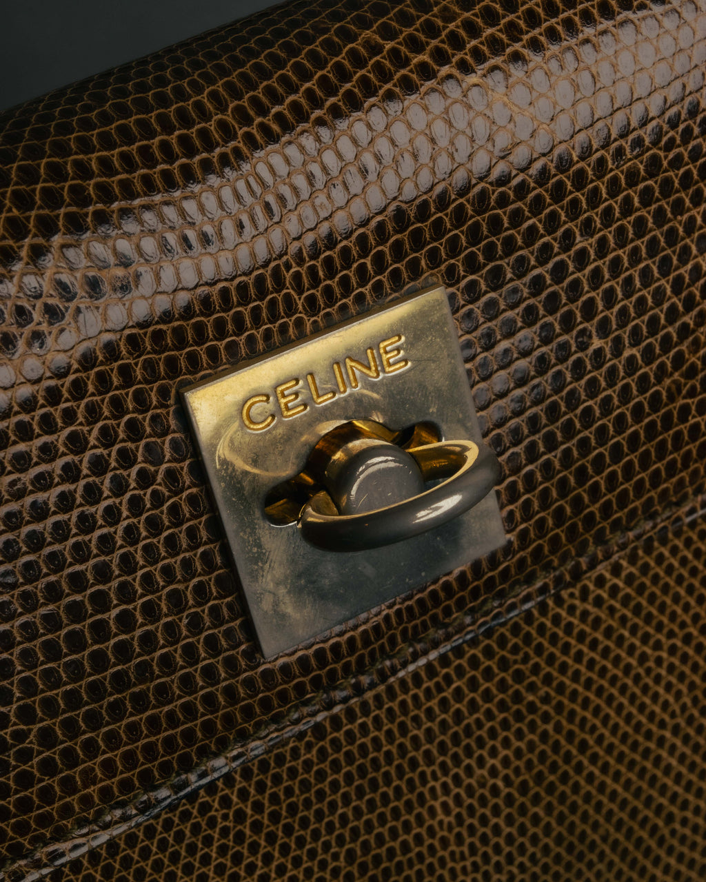 "CELINE" 70's-80's Structured lizard embossed leather top handle handbag