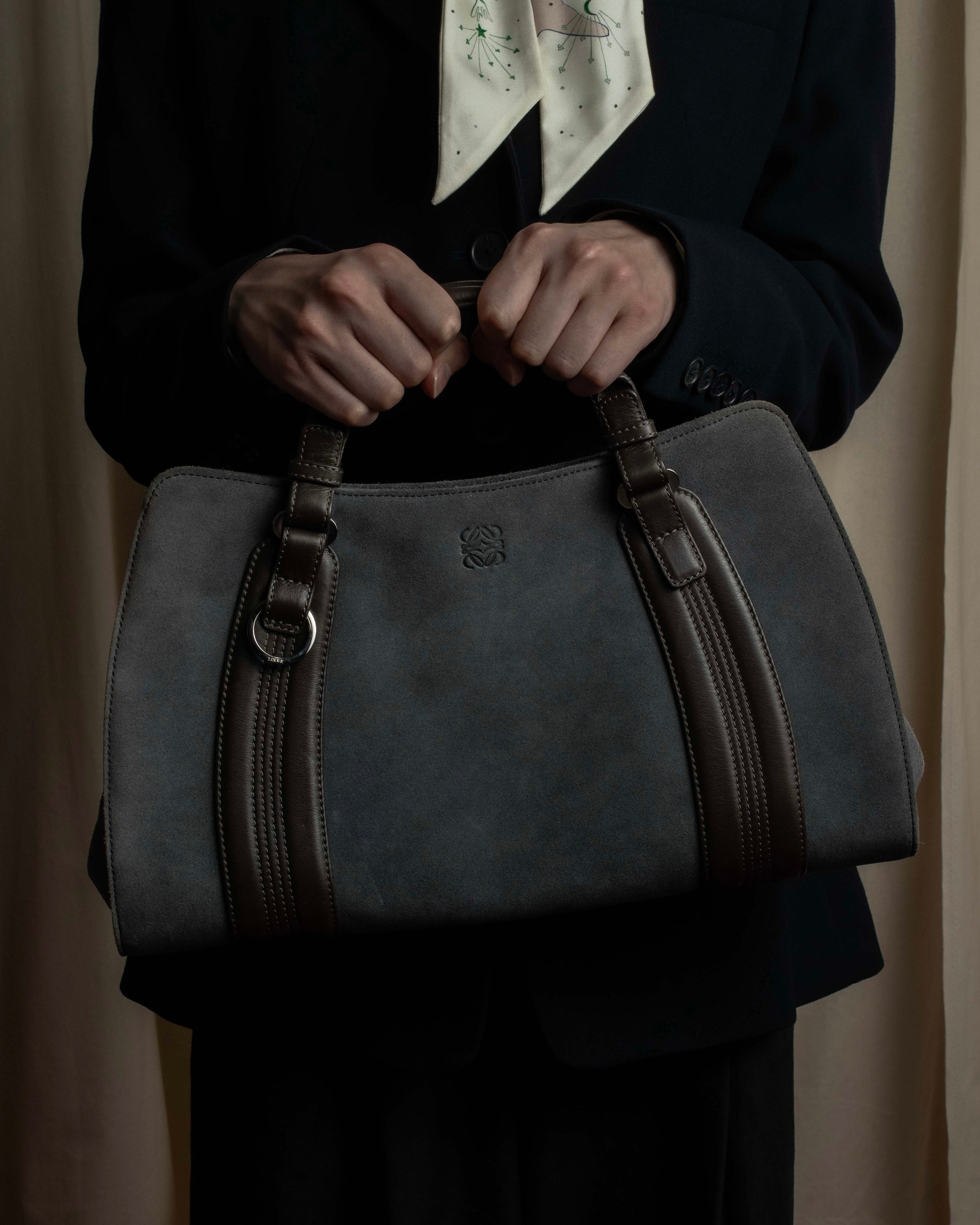 "LOEWE" Harness design logo engraved suede leather hand bag