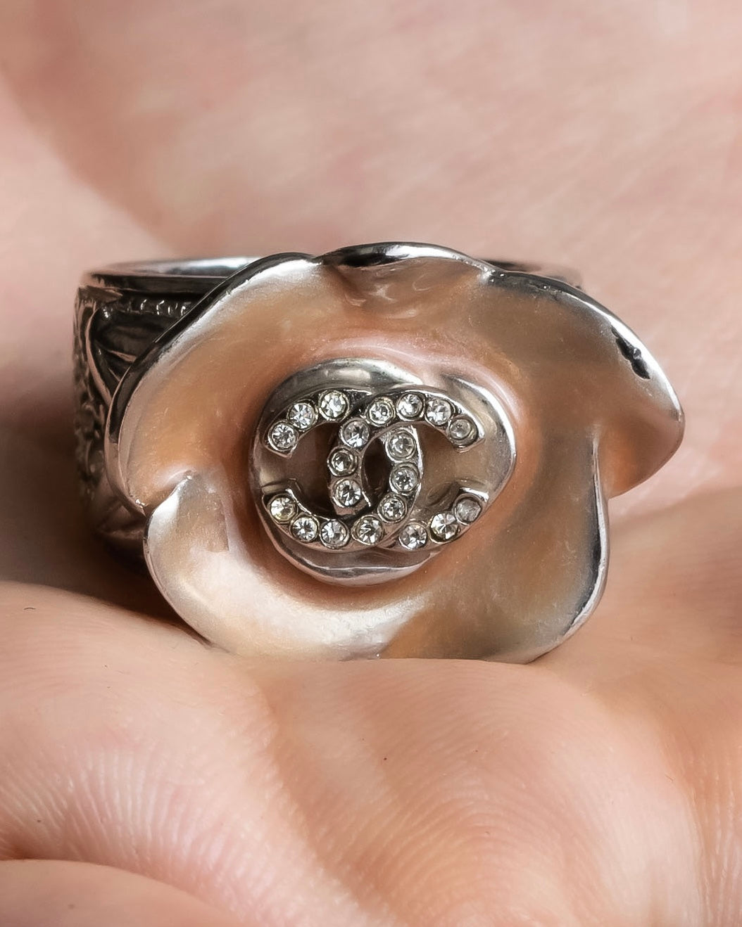 "CHANEL" Camellia motif rhine stone coco mark ring