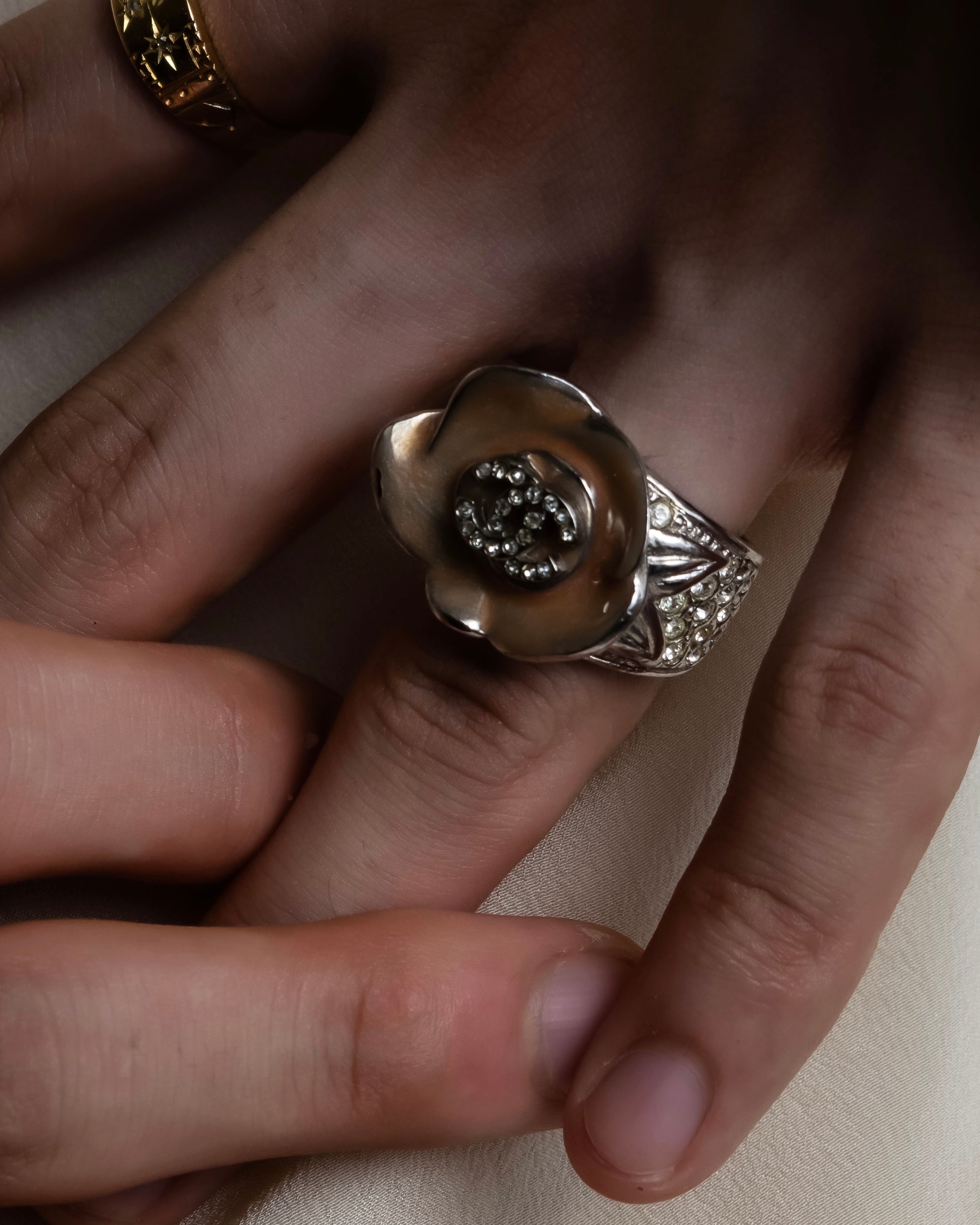 "CHANEL" Camellia motif rhine stone coco mark ring