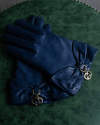 "GUCCI" Ribbon＆charm design blue leather gloves