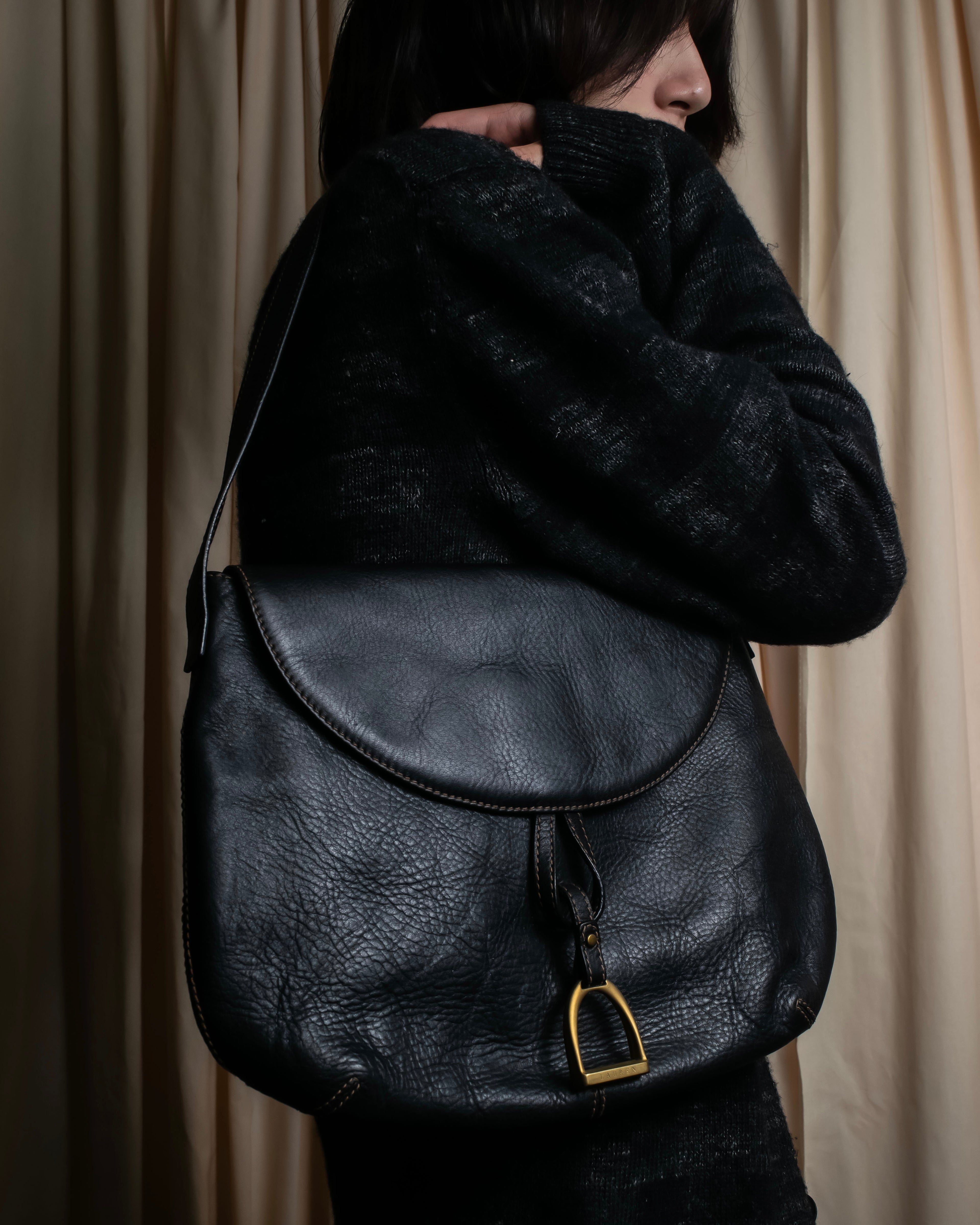 "Ralph Lauren" Saddle＆stirrup motif grained leather shoulder bag