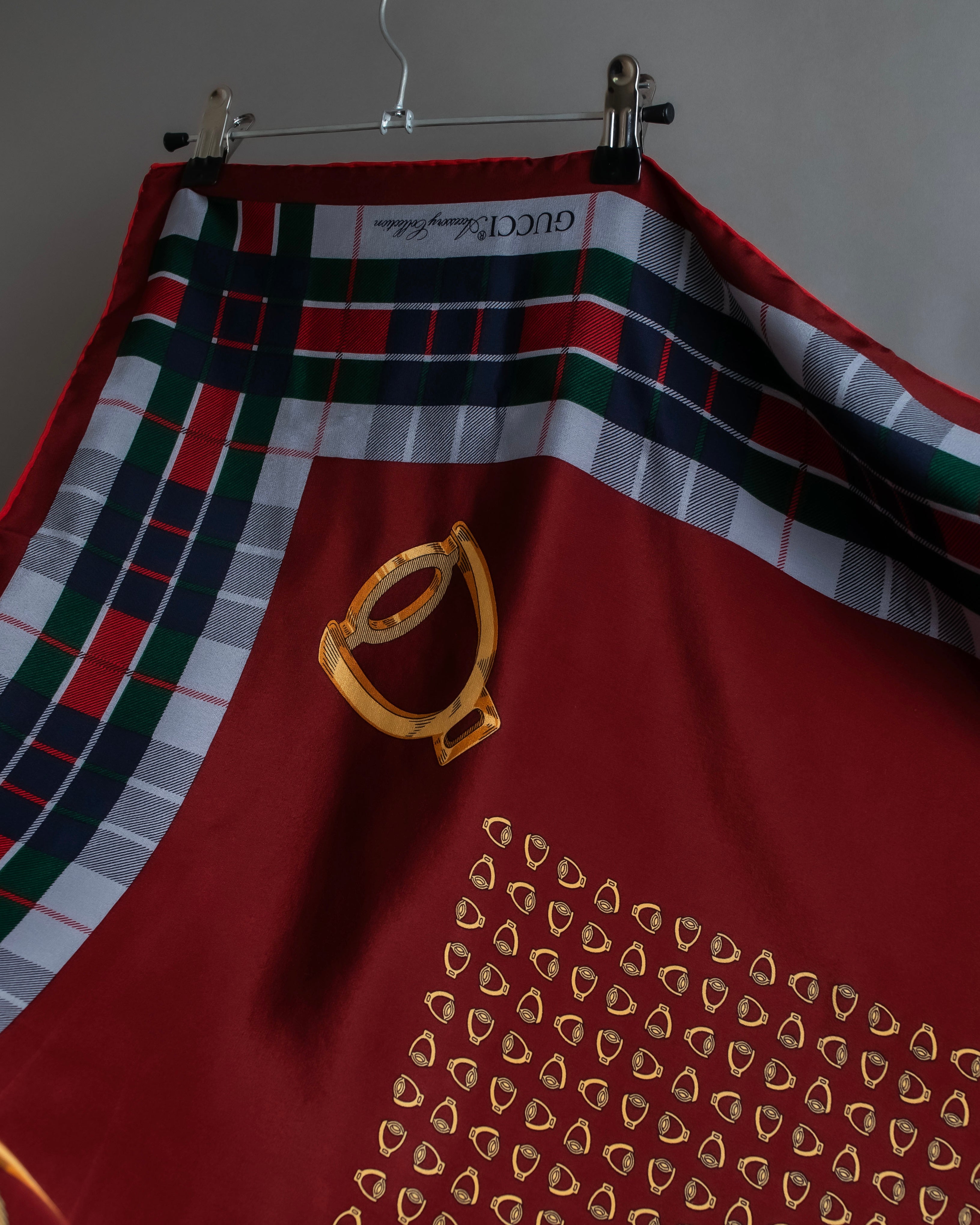 "GUCCI" Saddlery motif tartan silk scarf