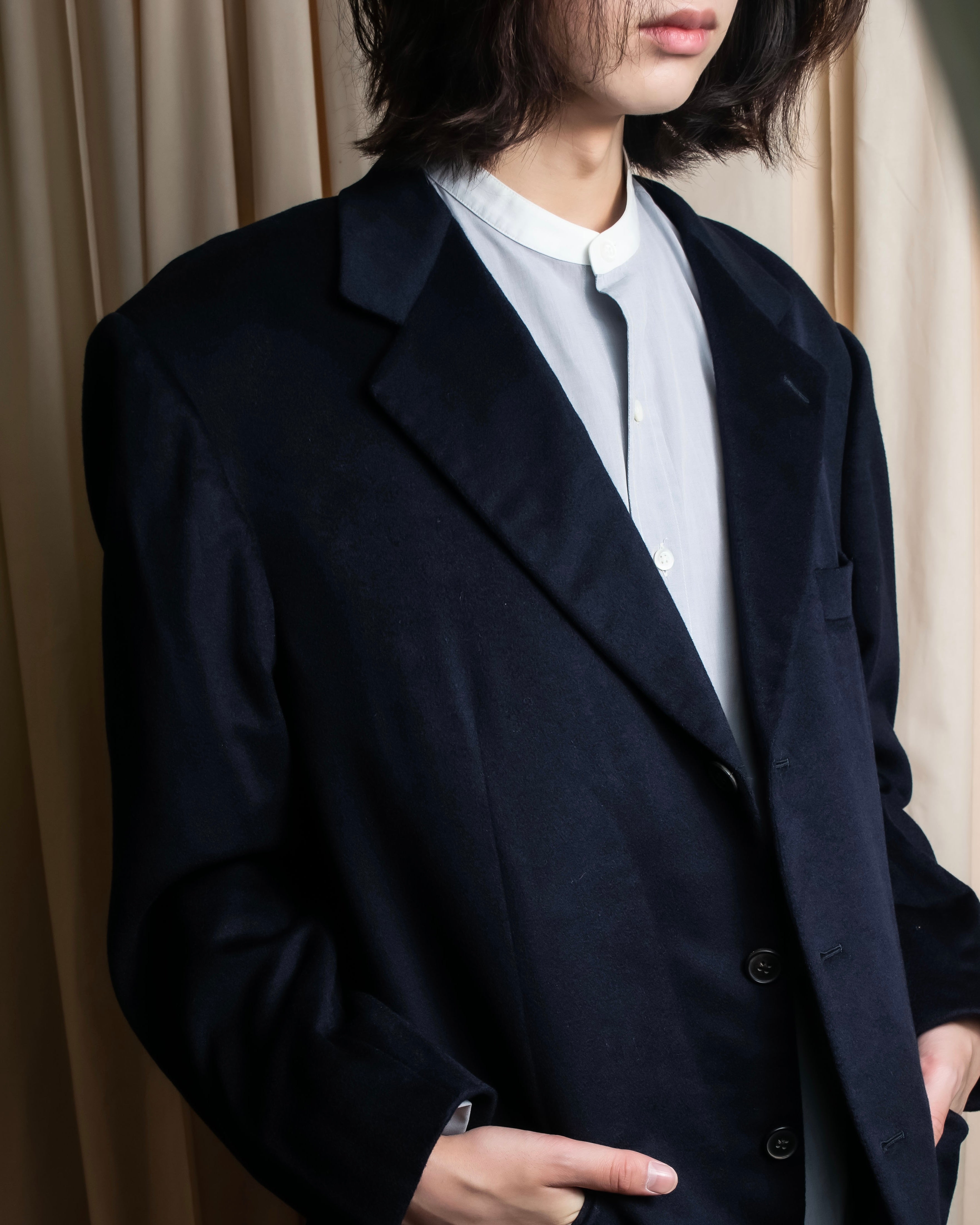 "HERMES" 90's Pure cashmere navy blue tailored jacket