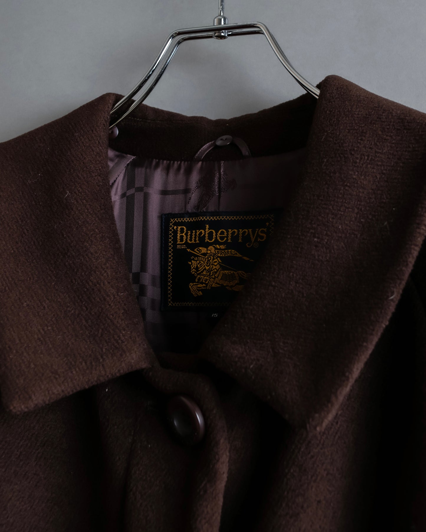 "BURBERRYS" Fly front deep brown soutien collar super long coat