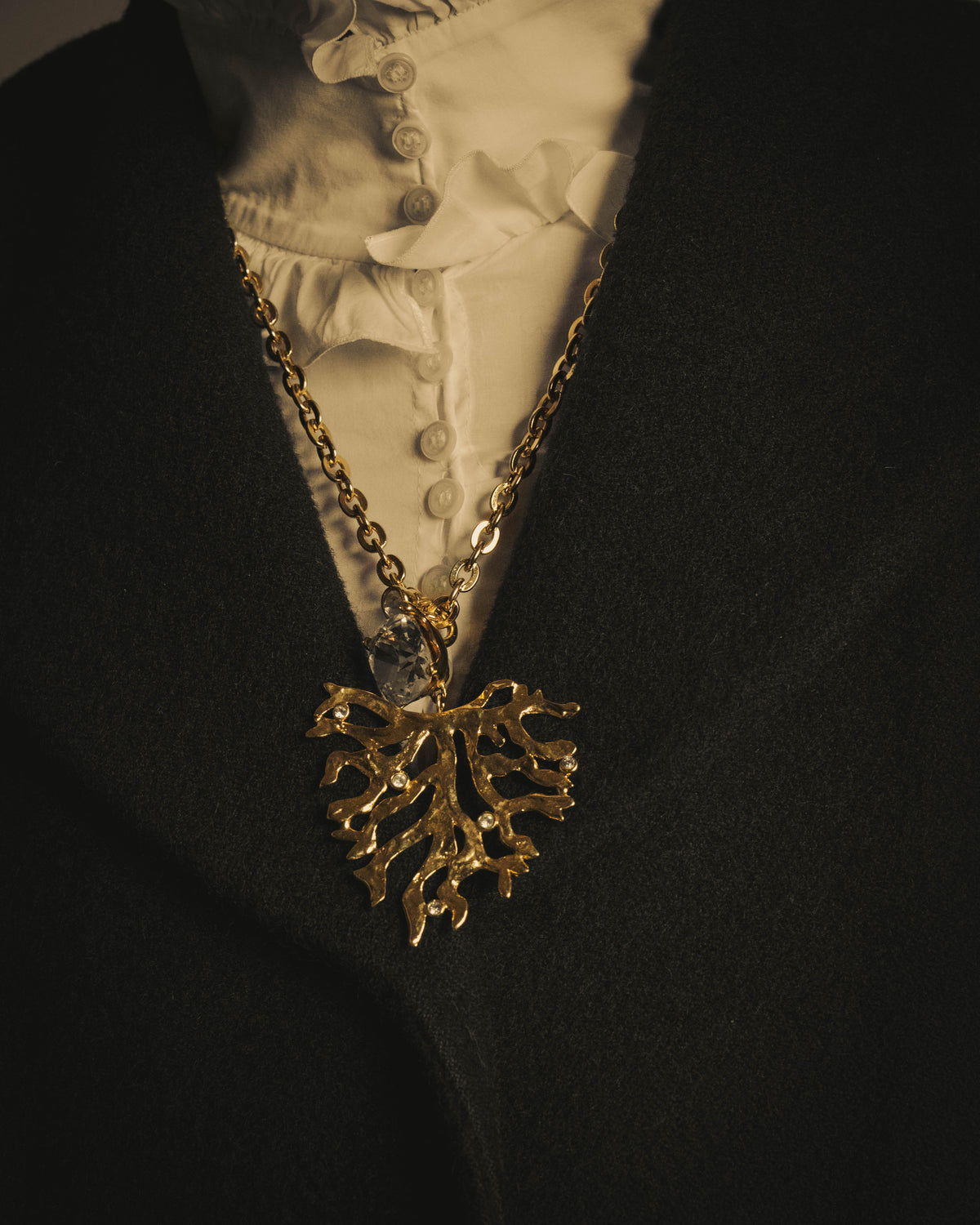 -SPECIAL- "Yves Saint Laurent" 90's-00's Sculptural coral motif crystal pendant necklace