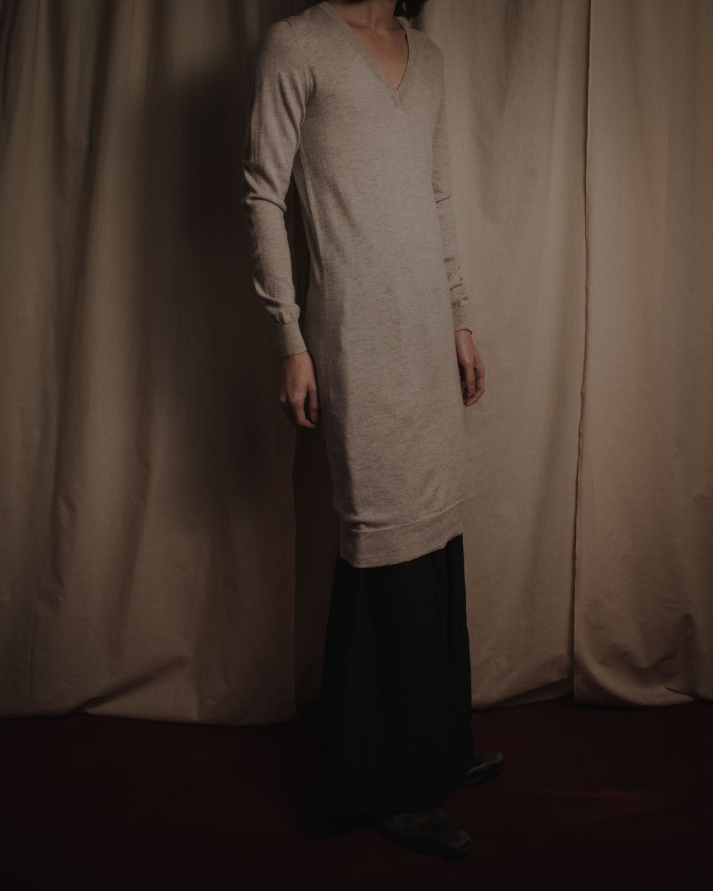 "Maison Margiela" 2014 AW fine gauge V-neck knit dress with elbow patches