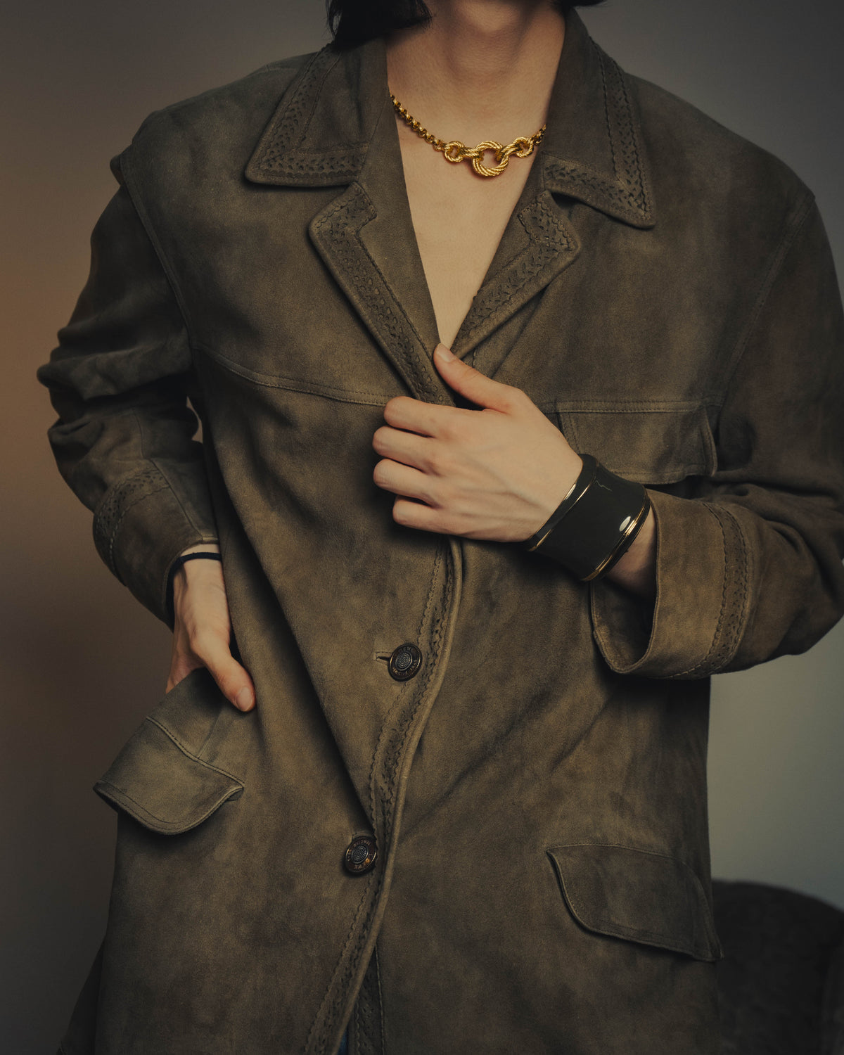 -SPECIAL- “LOEWE” 70’s-80’s Perforated trim suede long jacket
