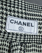 "CHANEL" Coco mark button fly detail houndstooth pattern wide slacks