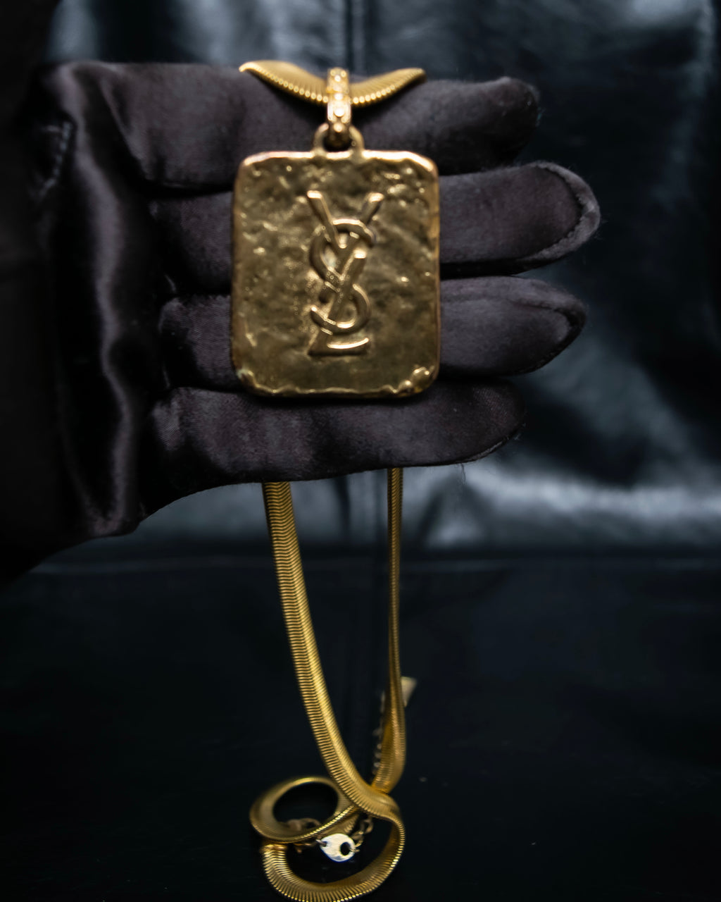 "Yves Saint Laurent" YSL logo plate gold necklace