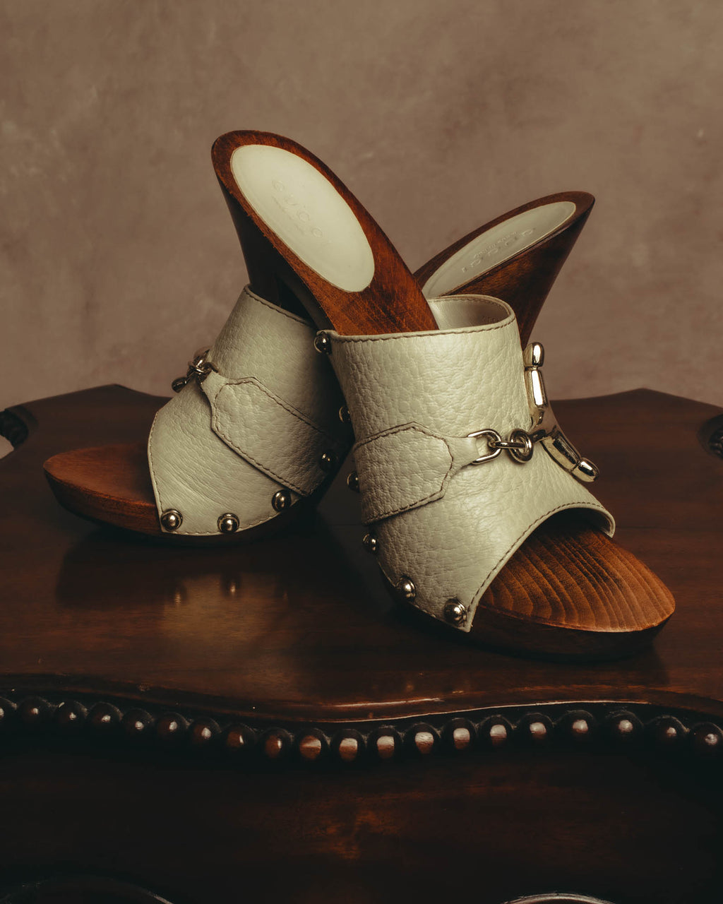 "GUCCI" 90's-00's Horsebit studded wood wedge mule sandals