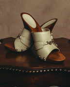 "GUCCI" 90's-00's Horsebit studded wood wedge mule sandals