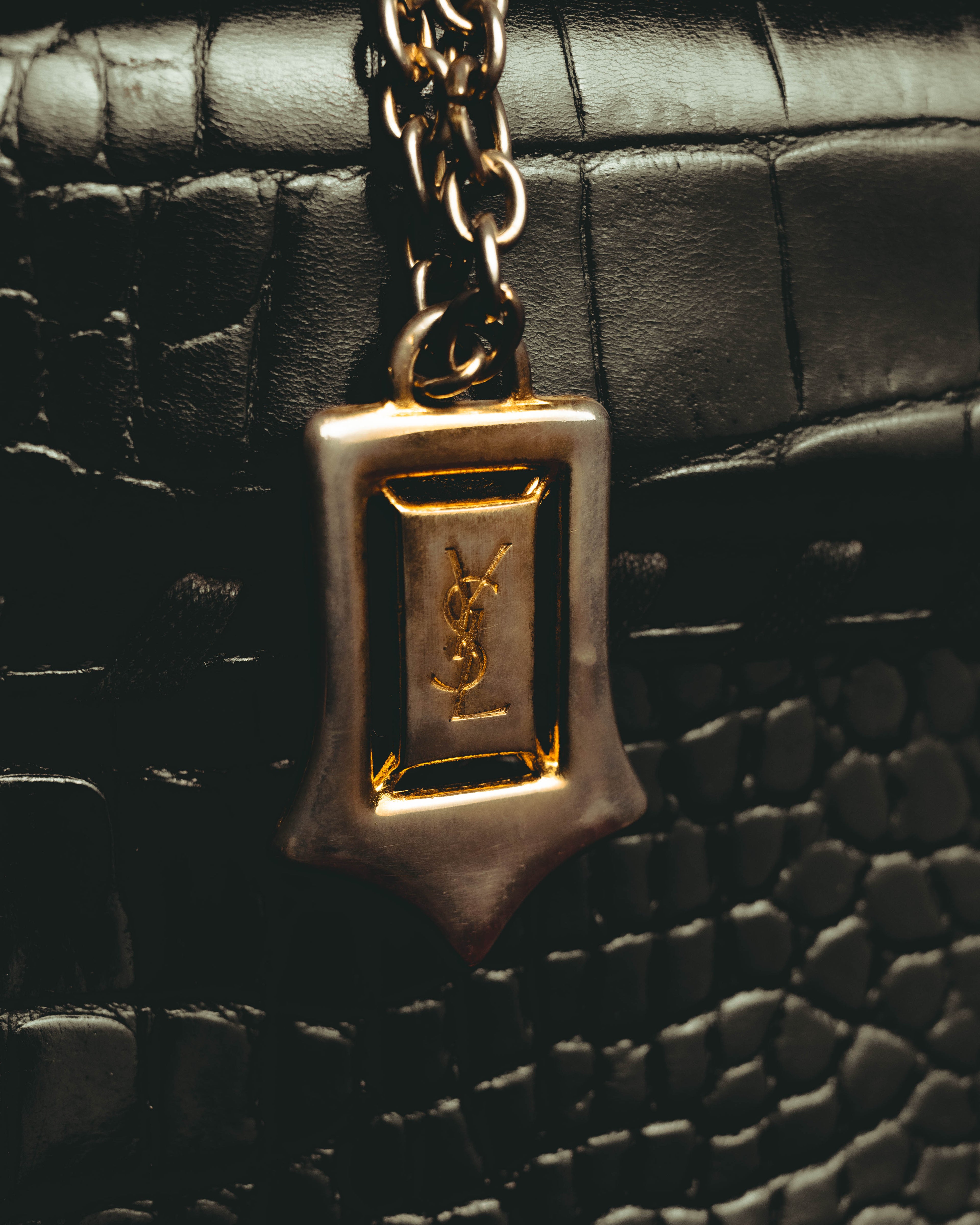 -SPECIAL- “Yves Saint Laurent” 80’s-90’s Crocodile embossed lace-up handbag