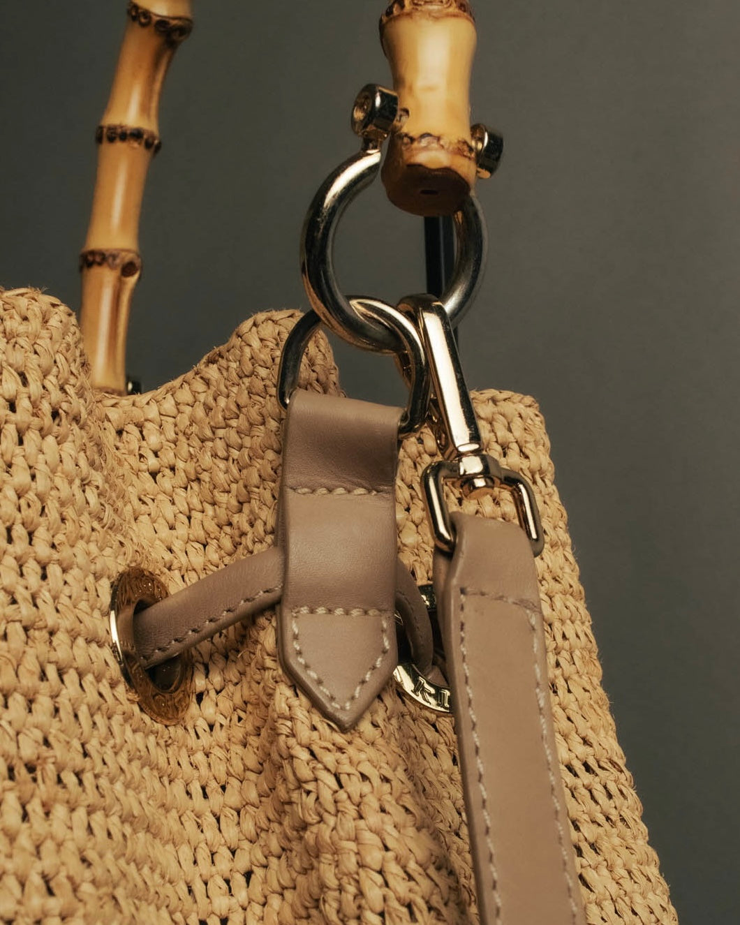 “Heidi Klein” Natural raffia bamboo handle bucket bag