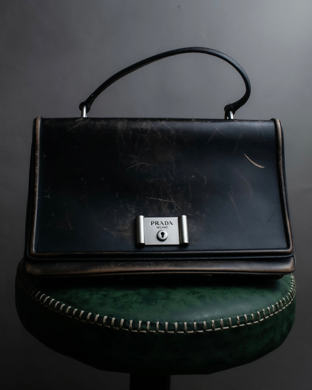 "PRADA" Aged metal parts design leather hand bag
