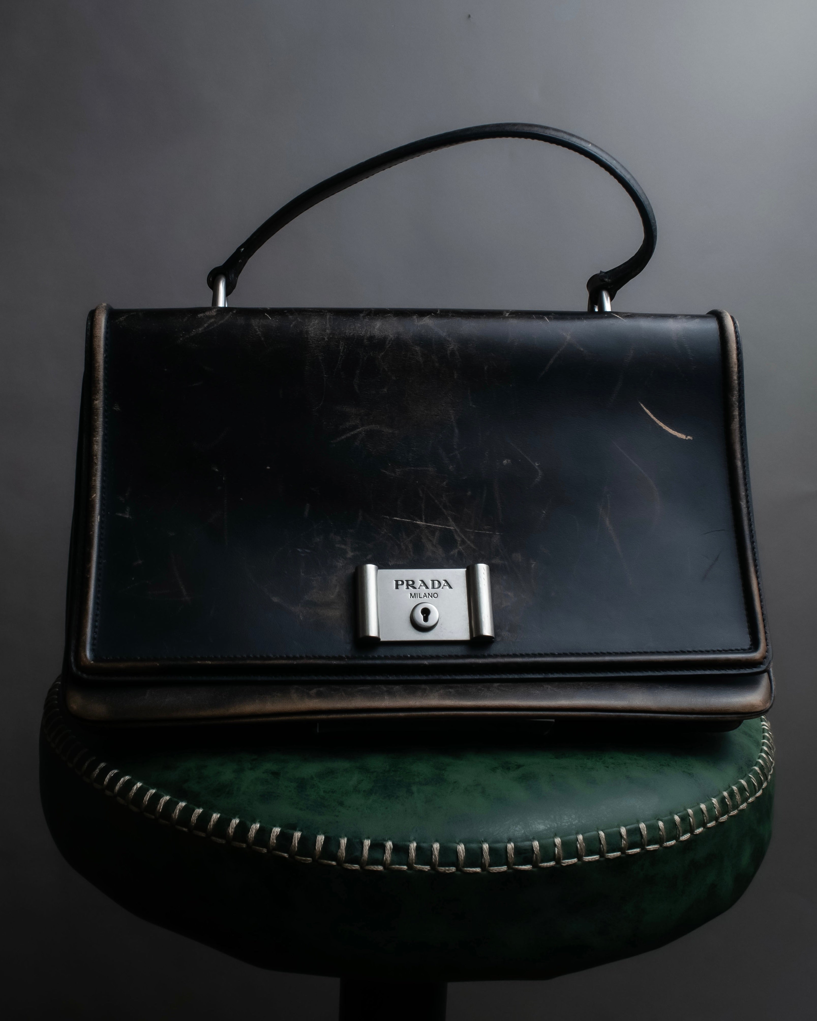"PRADA" Aged metal parts design leather hand bag