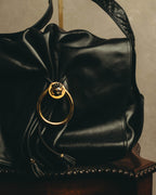 -SPECIAL- "Gucci" 80's Vintage tiger head leather draping shoulder bag with crest charm