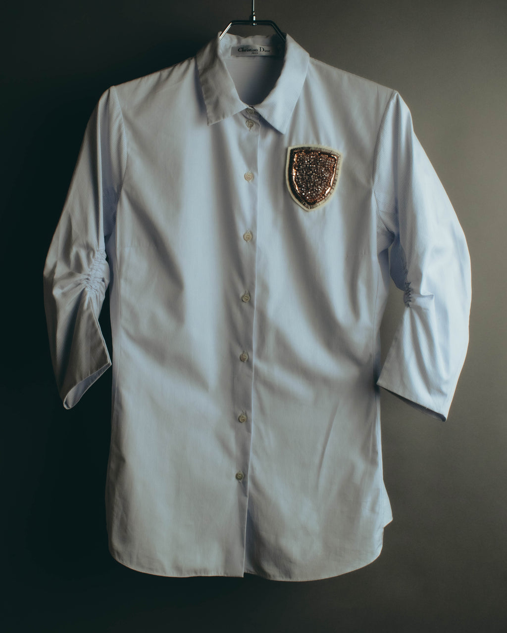 -SPECIAL- "Christian Dior" 00's-10's Embellished shield crest striped ruched sleeve shirt
