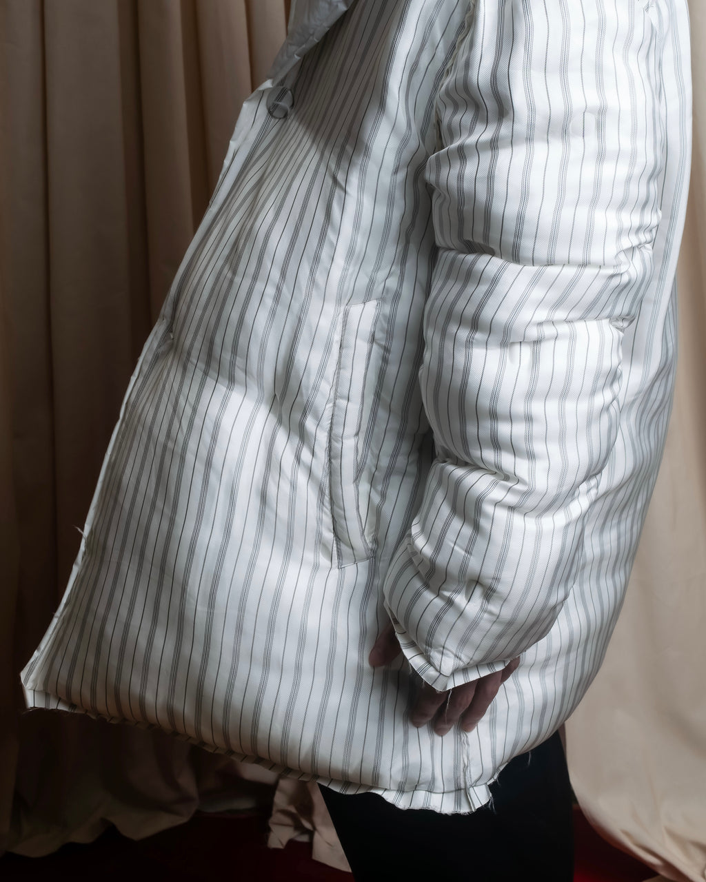 "MAISON MARGIELA" Multi-stripe pattern quilted padded oversized tailored coat