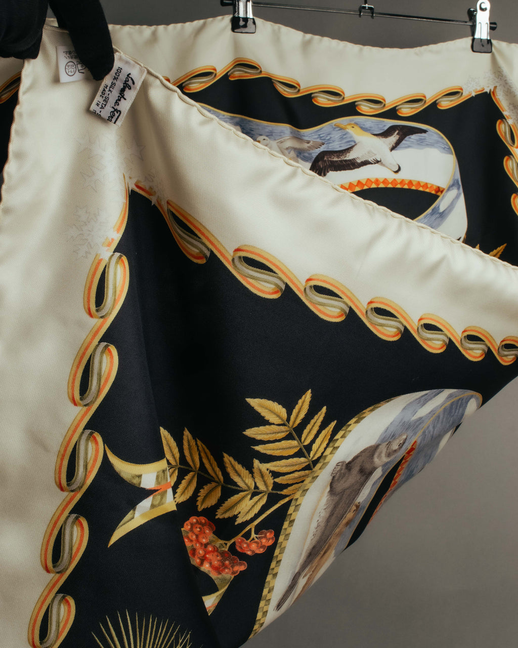 "Salvatore Ferragamo" 90's-00's Vintage arctic fauna and scrolling ribbon silk scarf