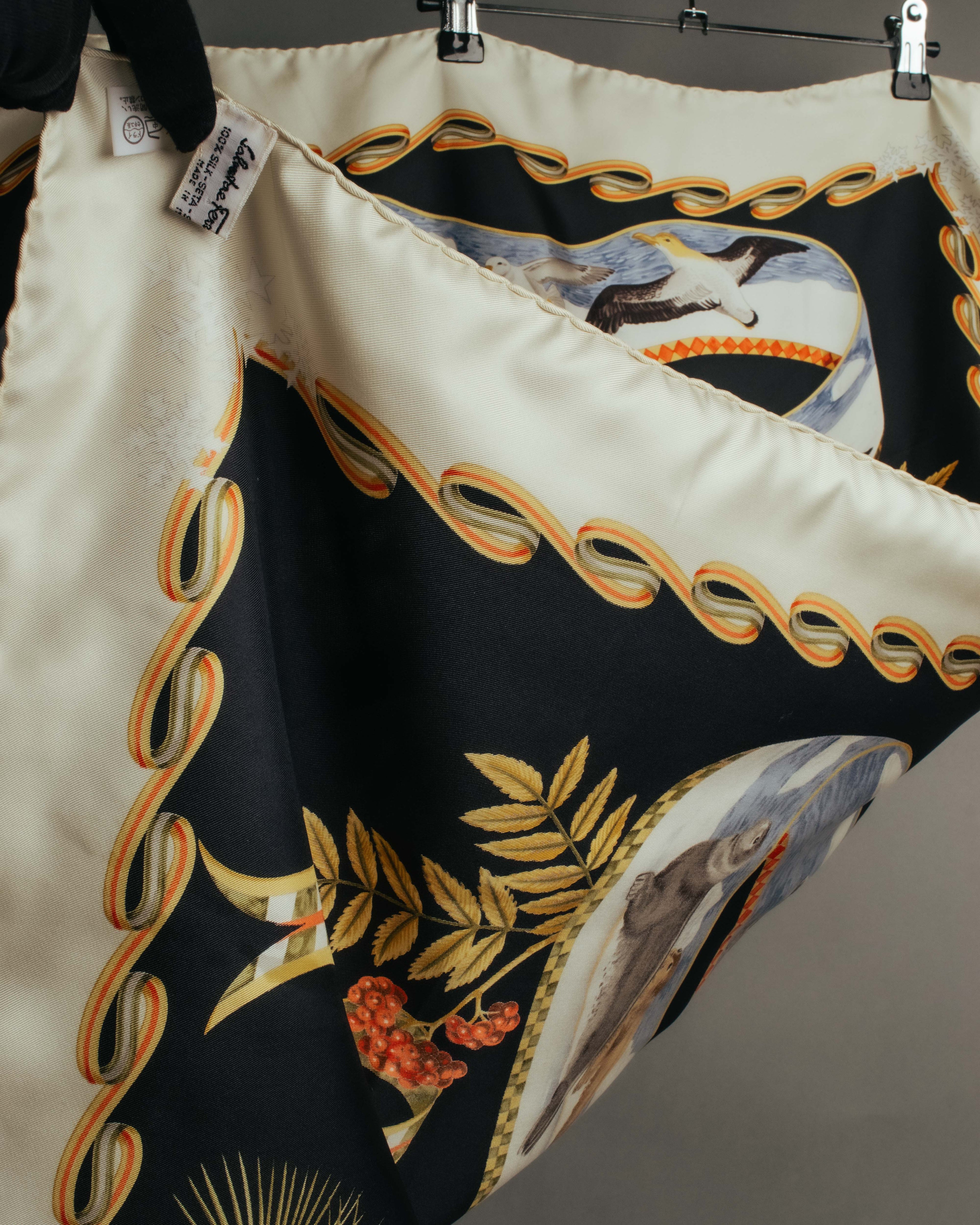 "Salvatore Ferragamo" 90's-00's Vintage arctic fauna and scrolling ribbon silk scarf