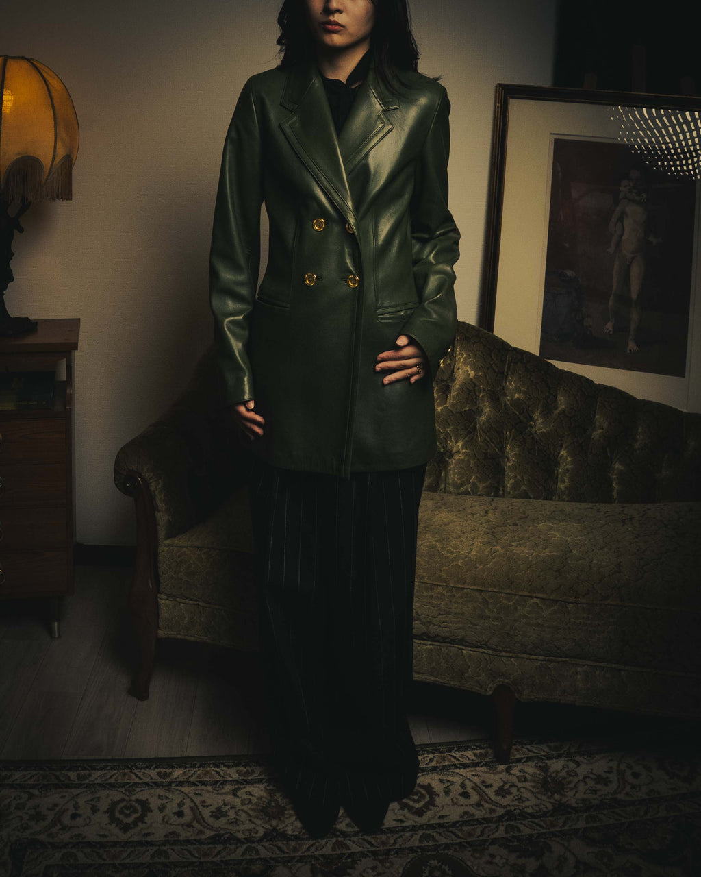 -SPECIAL- “LOEWE” 80’s-90’s Gold buttoned olive leather double-breasted tailored jacket