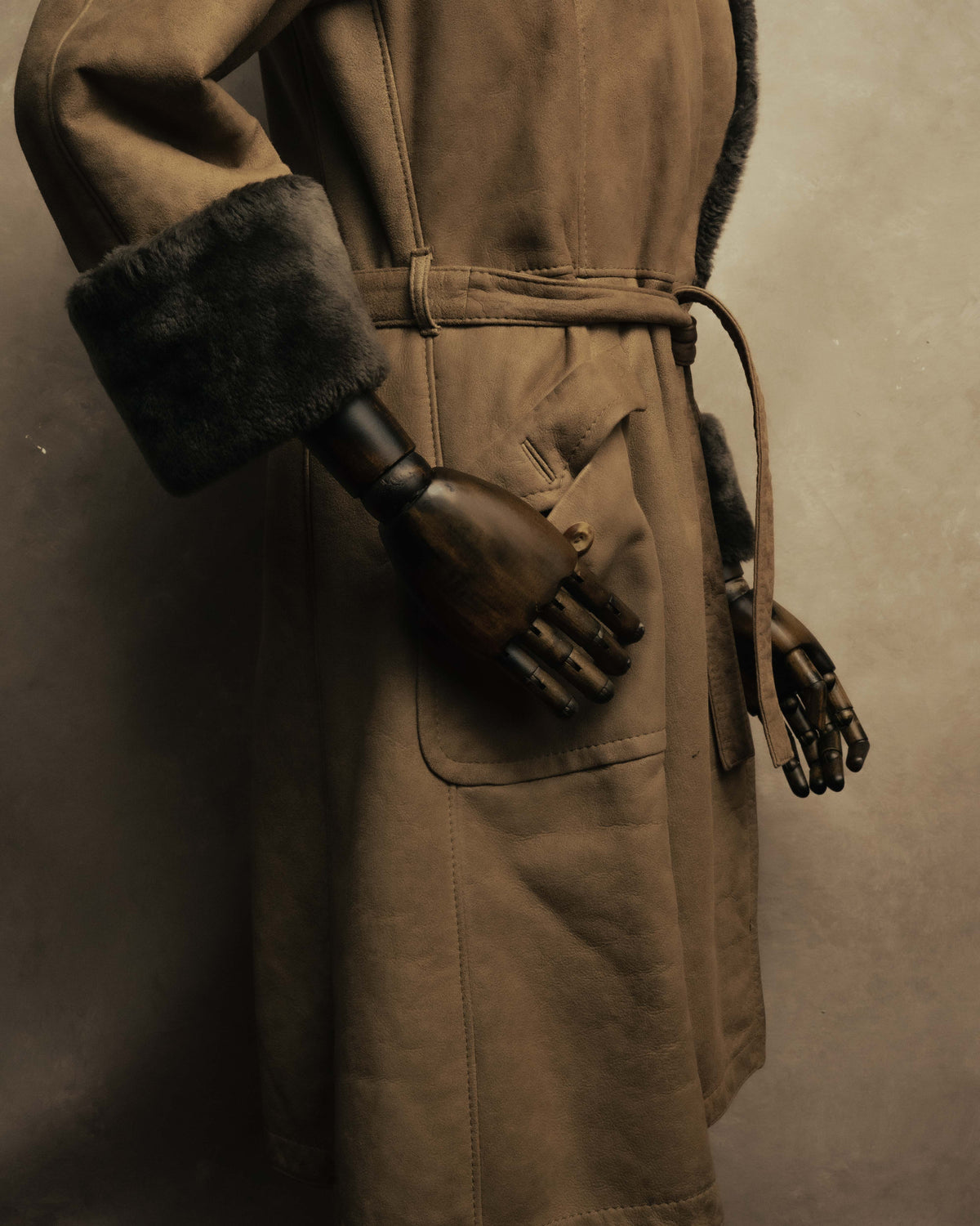 “LOEWE” 70’s-early 90’s Suede shearling belted long coat