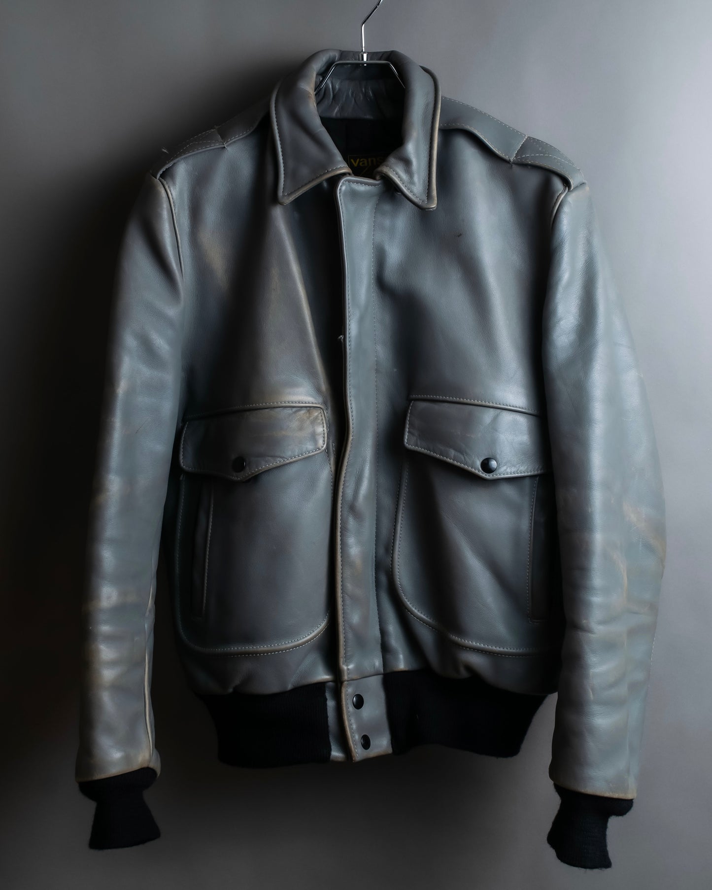 "VANSON" Out pocket design ribbed leather jacket