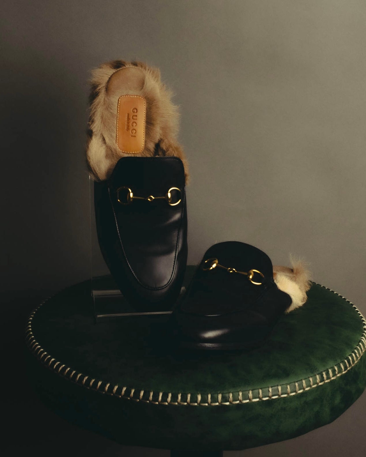 "GUCCI" 2010's Fur lined horsebit leather loafer mule