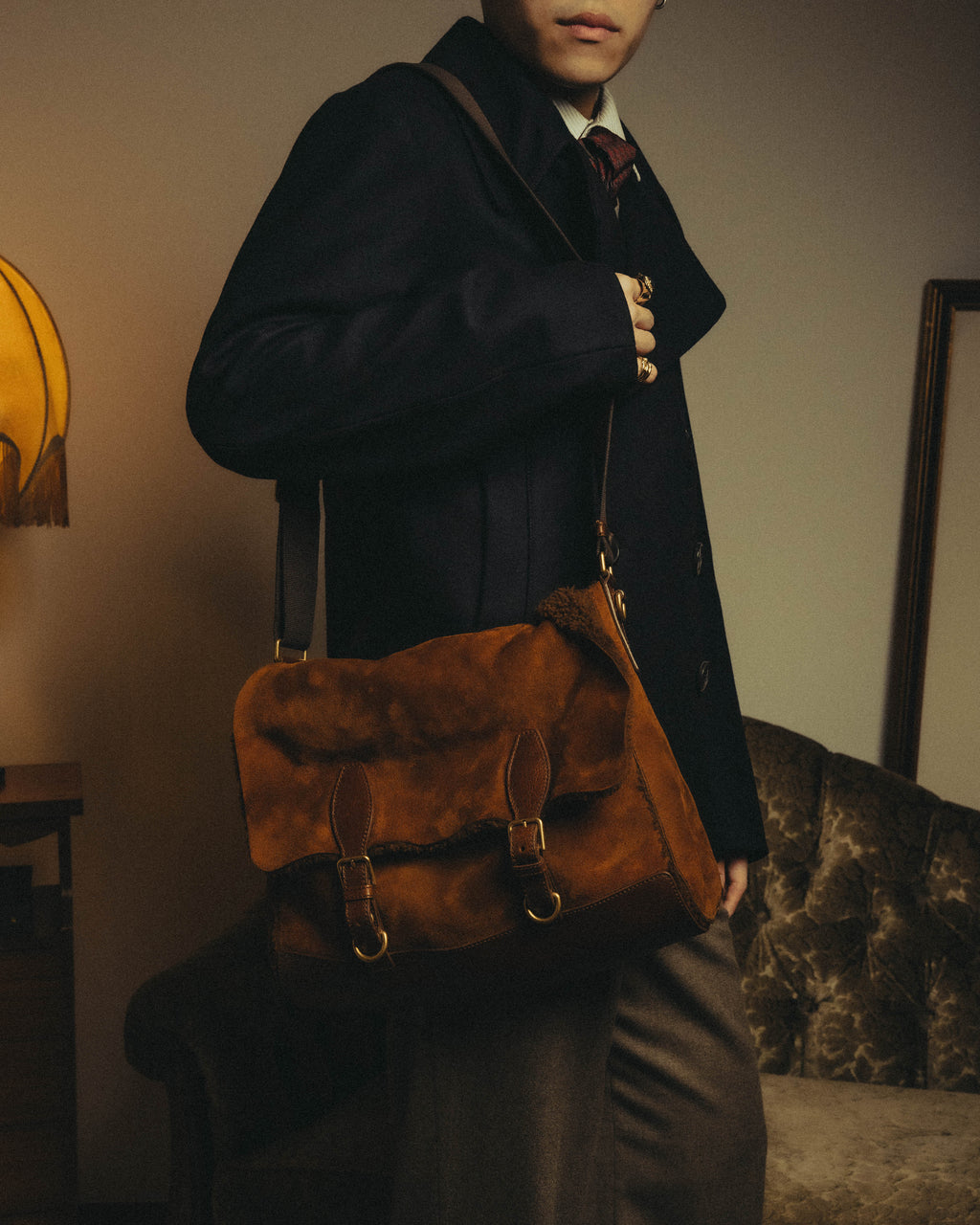-SPECIAL- "Yves Saint Laurent" 00's Luxurious shearling double buckle messenger bag