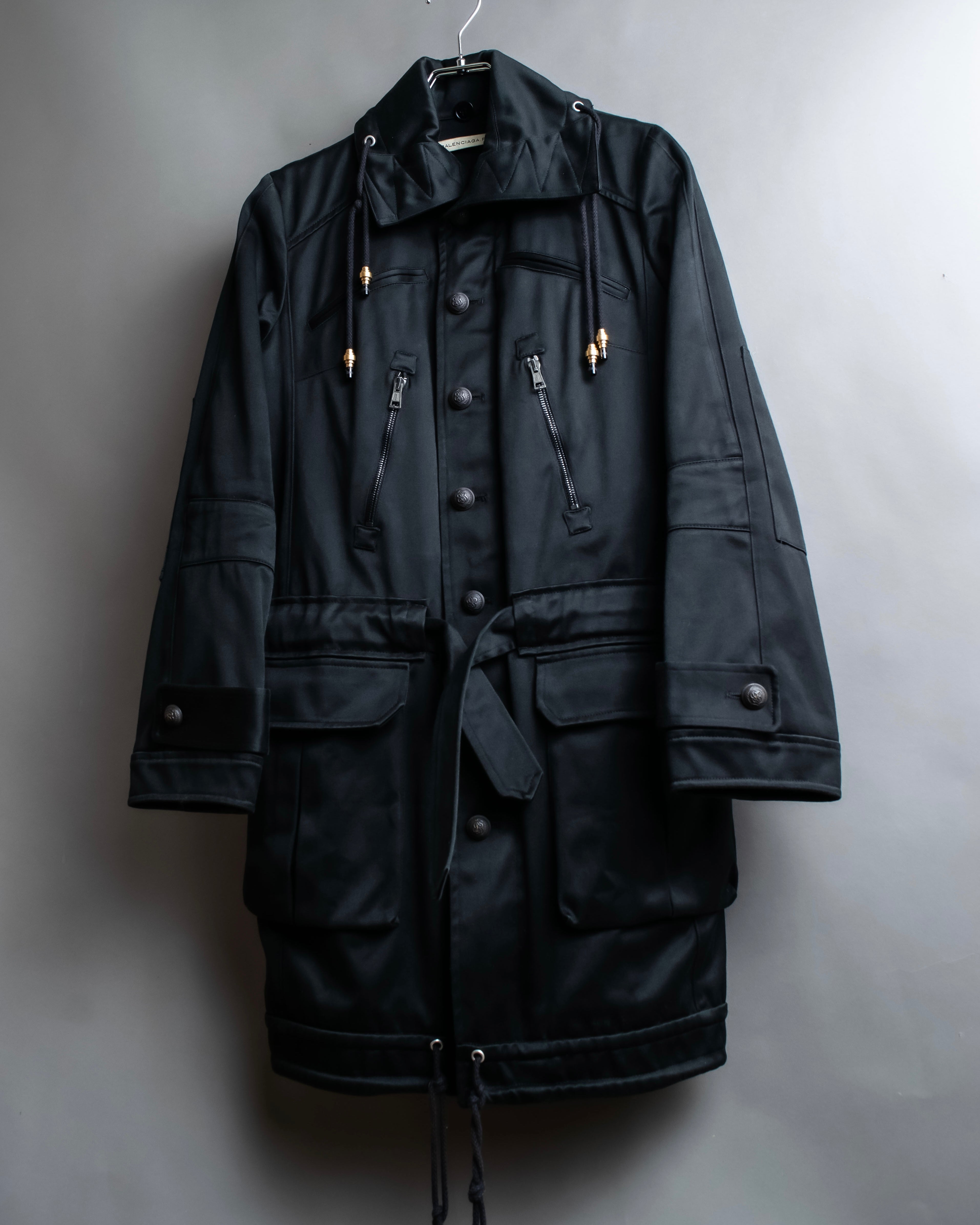 "BALENCIAGA" Glossy cotton military detail belted coat