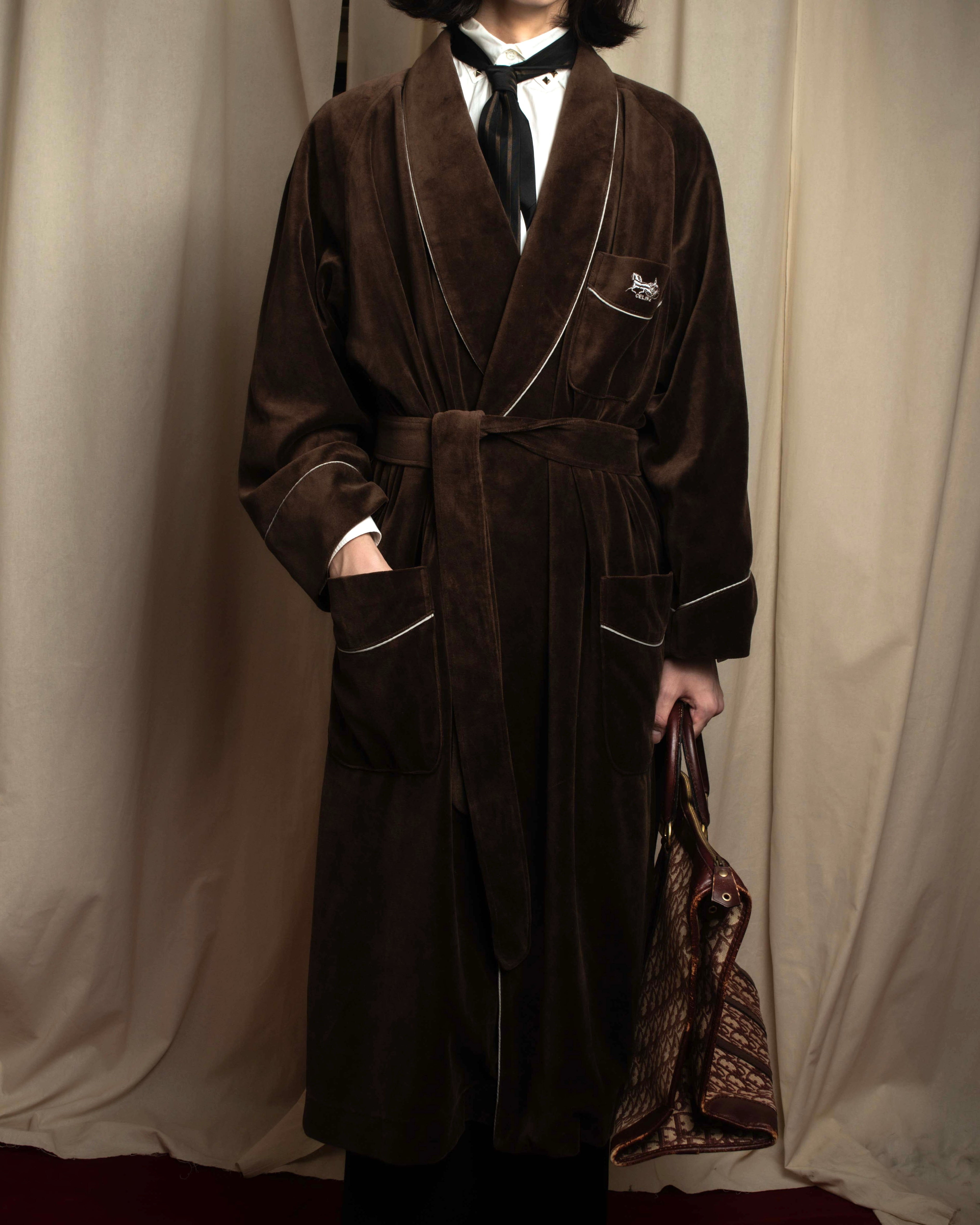 "CELINE" Piping design velour long gown coat