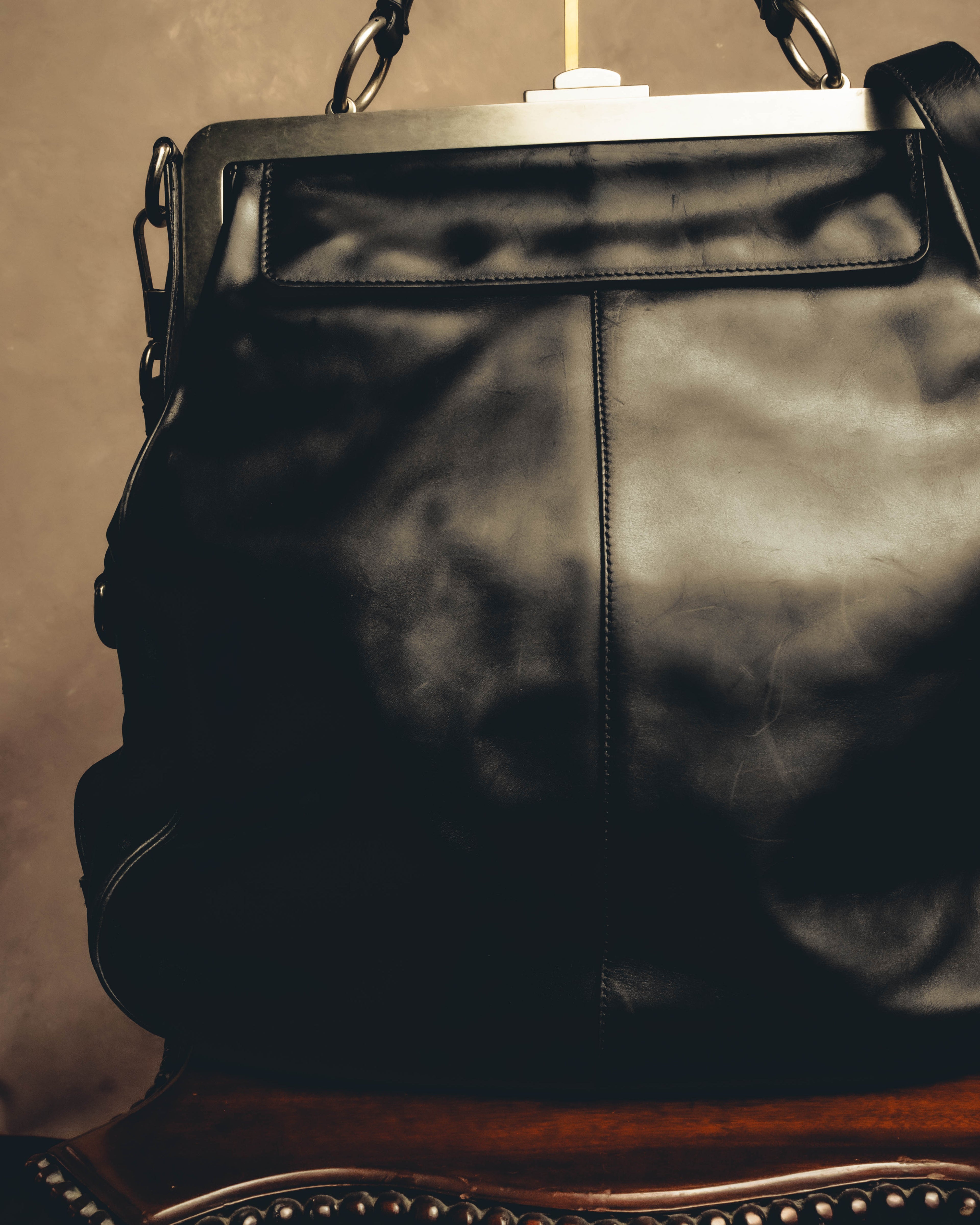 -SPECIAL- "Yves Saint Laurent" 00's Rive gauche black leather frame handbag