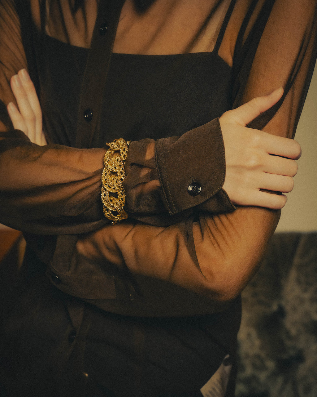 -SPECIAL- “Dries Van Noten” 20’s Sheer brown tailored long sleeve shirt