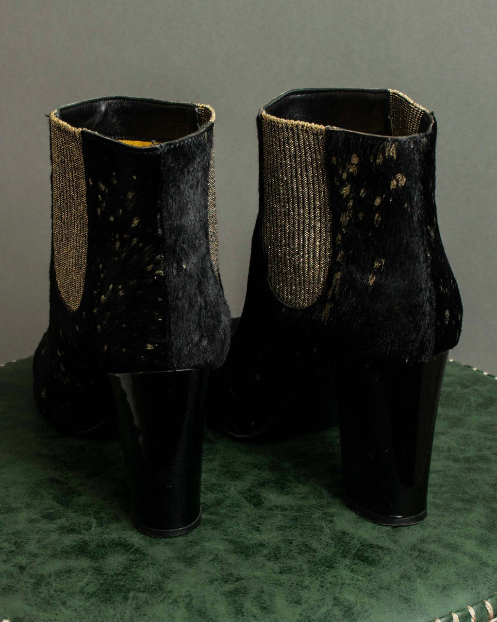 "CHANEL" Gold particle design pony leather heel boots