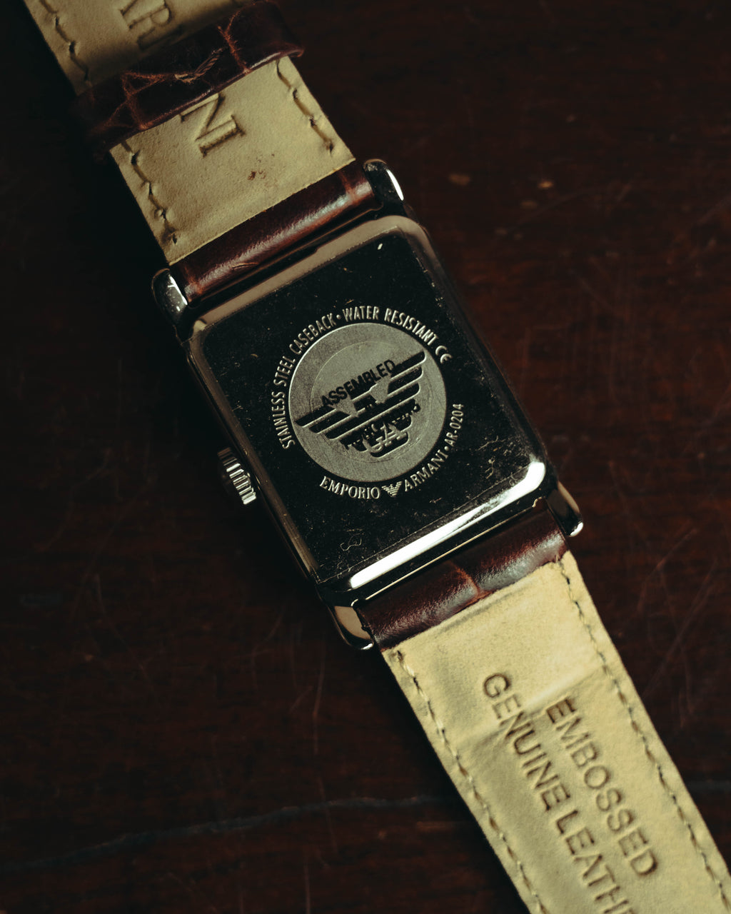 “EMPORIO ARMANI” Late 90’s-early 10’s Art deco rectangular leather strap watch