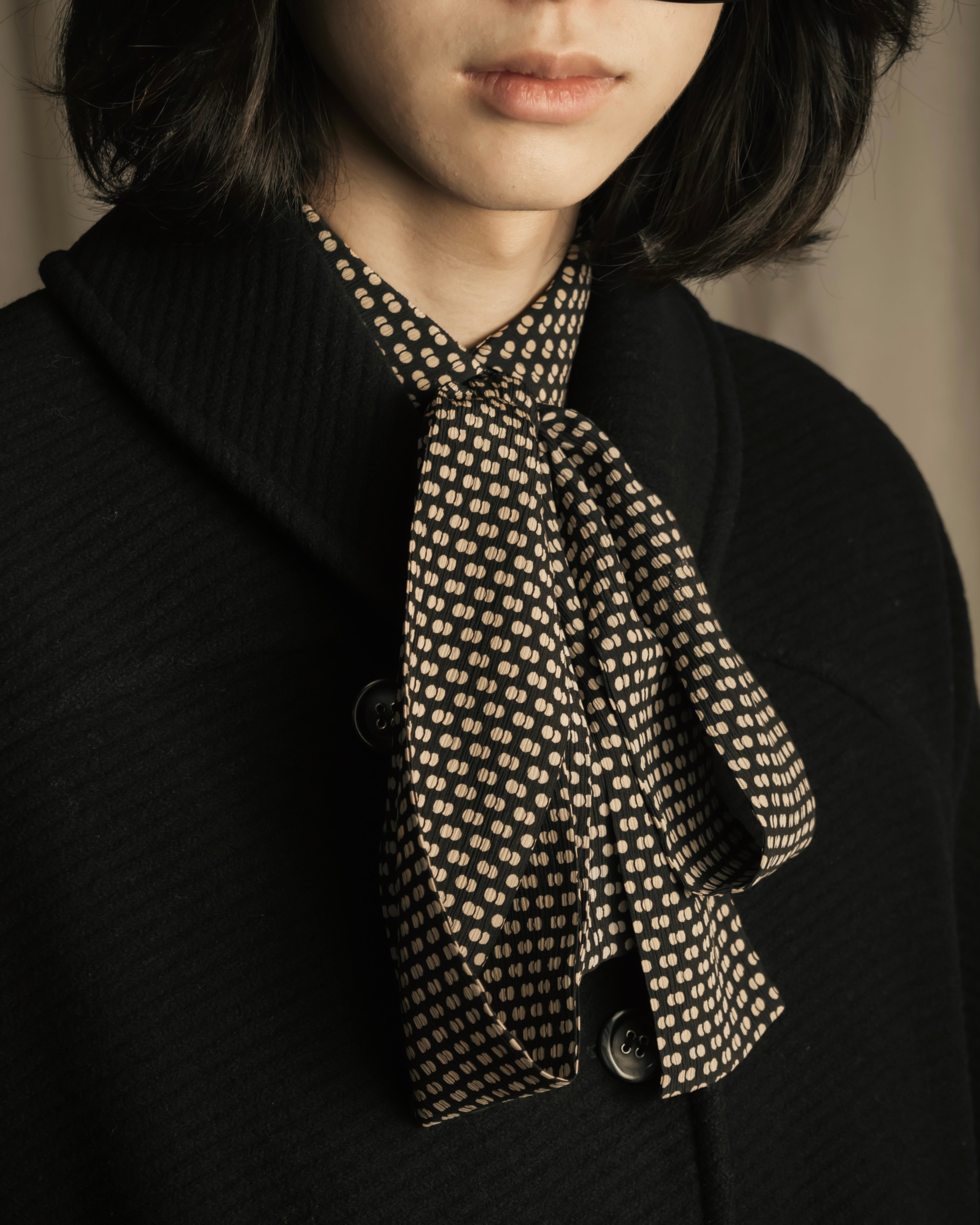 "Christian Dior PRETA PORTER" Ivory polka dot bow tie blouse