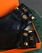 "HERMES" H logo＆gold stud design leather gloves