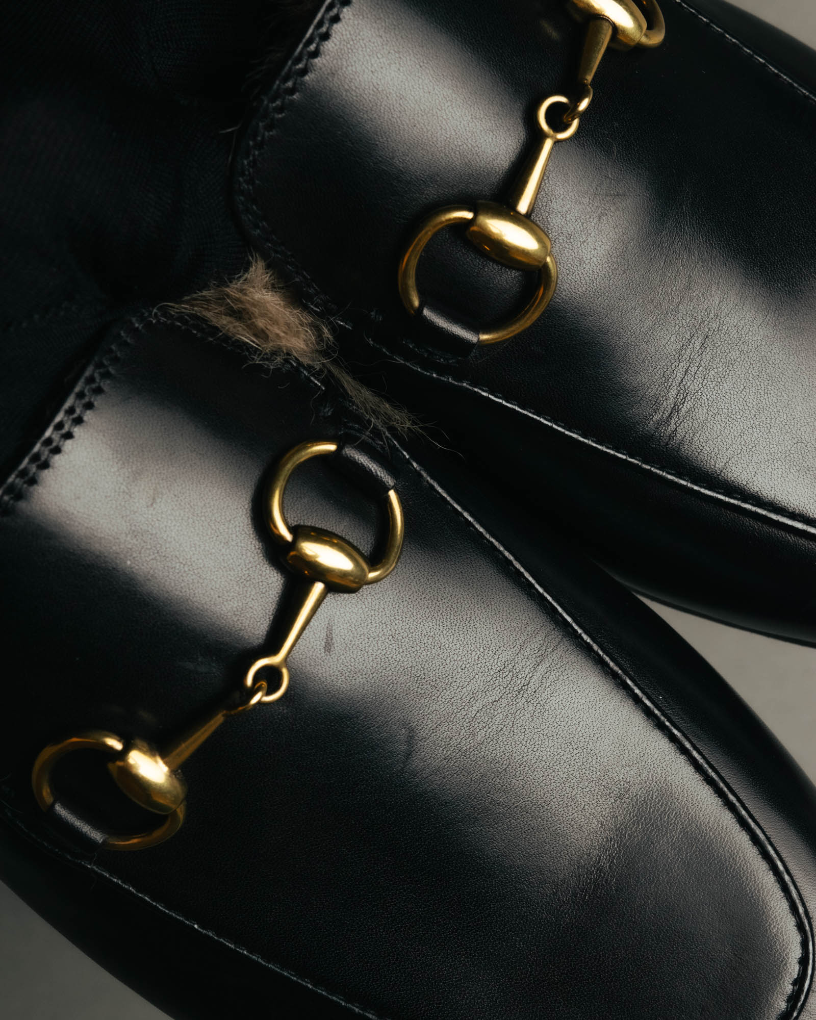 "GUCCI" Fur lined horsebit backless loafer