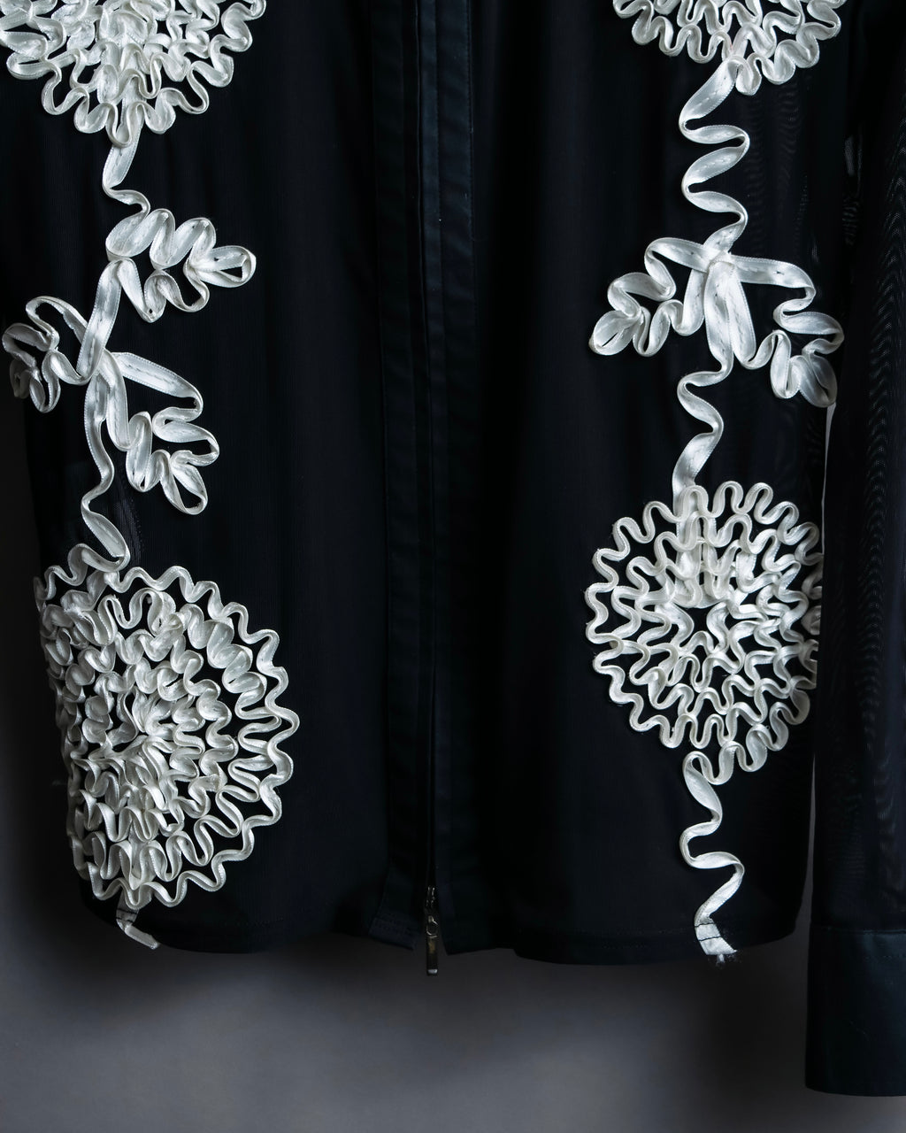 Vintage double zip ribbon flower design sheer jacket