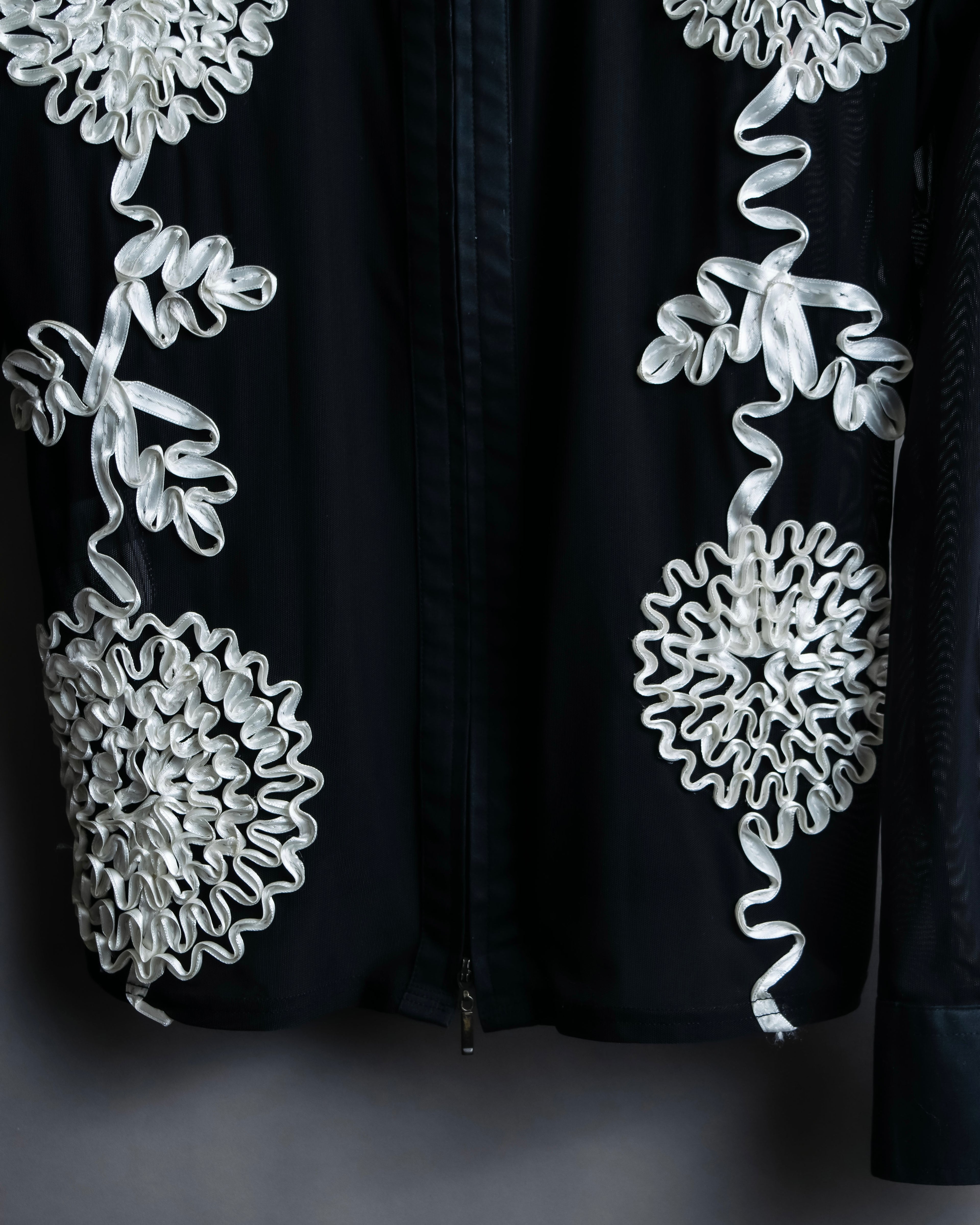 Vintage double zip ribbon flower design sheer jacket