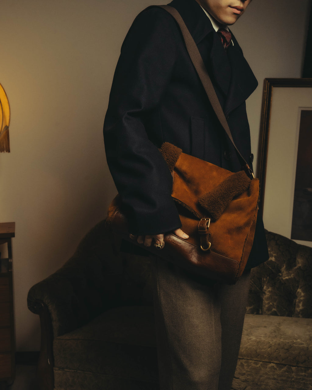 -SPECIAL- "Yves Saint Laurent" 00's Luxurious shearling double buckle messenger bag