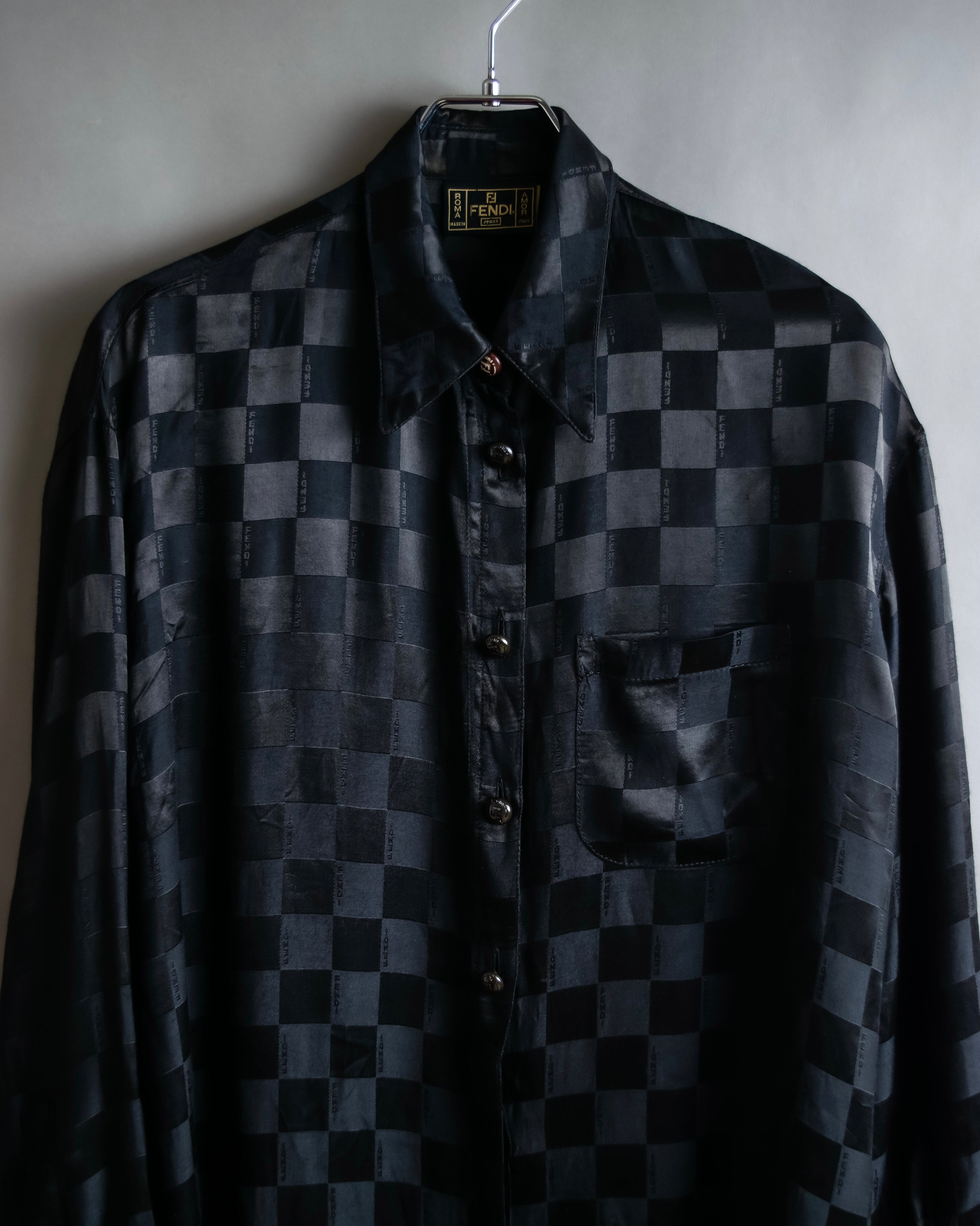 "FENDI JEANS" Logo engraved check pattern glossy shirt