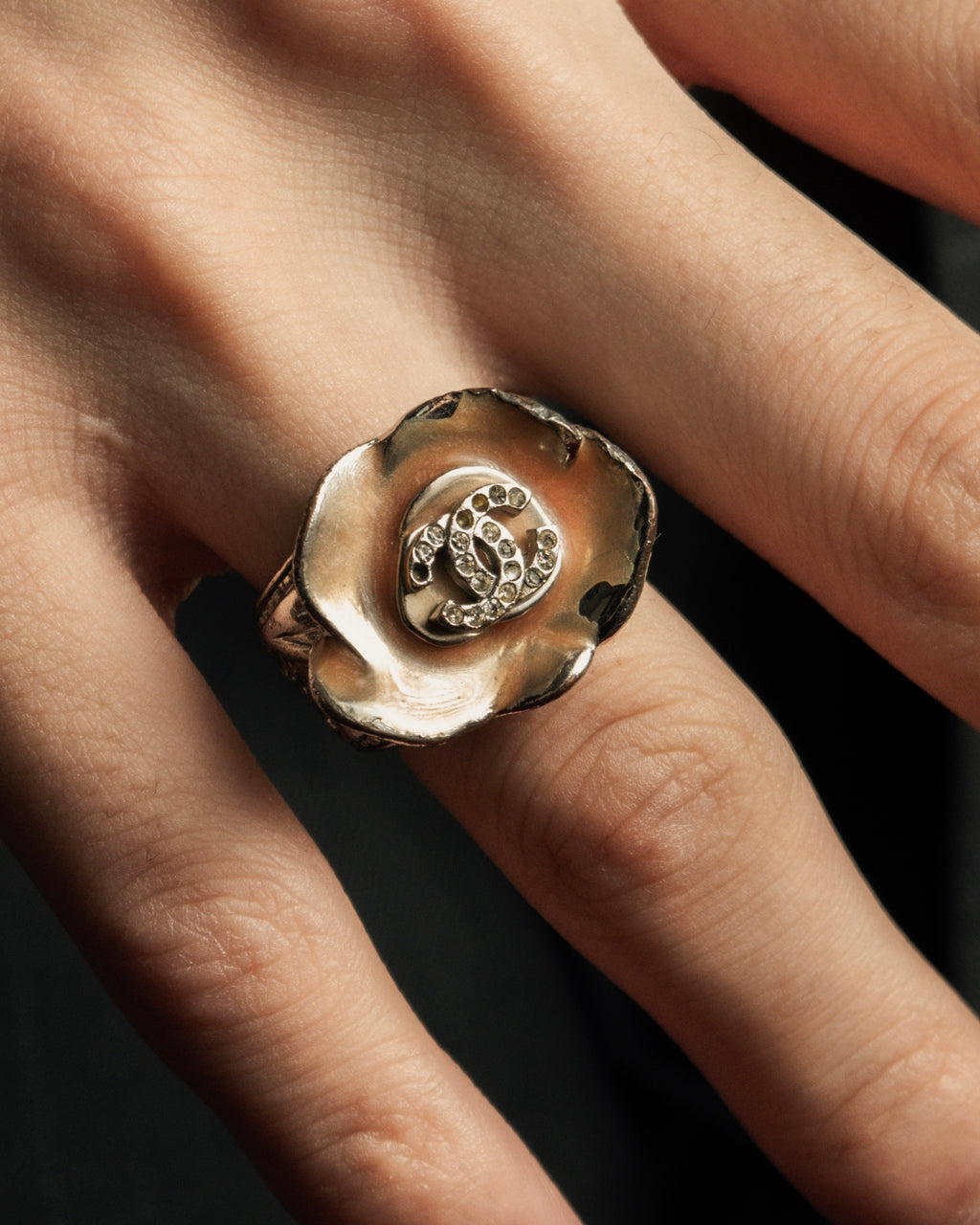 "CHANEL" Camellia motif rhinestone logo design ring
