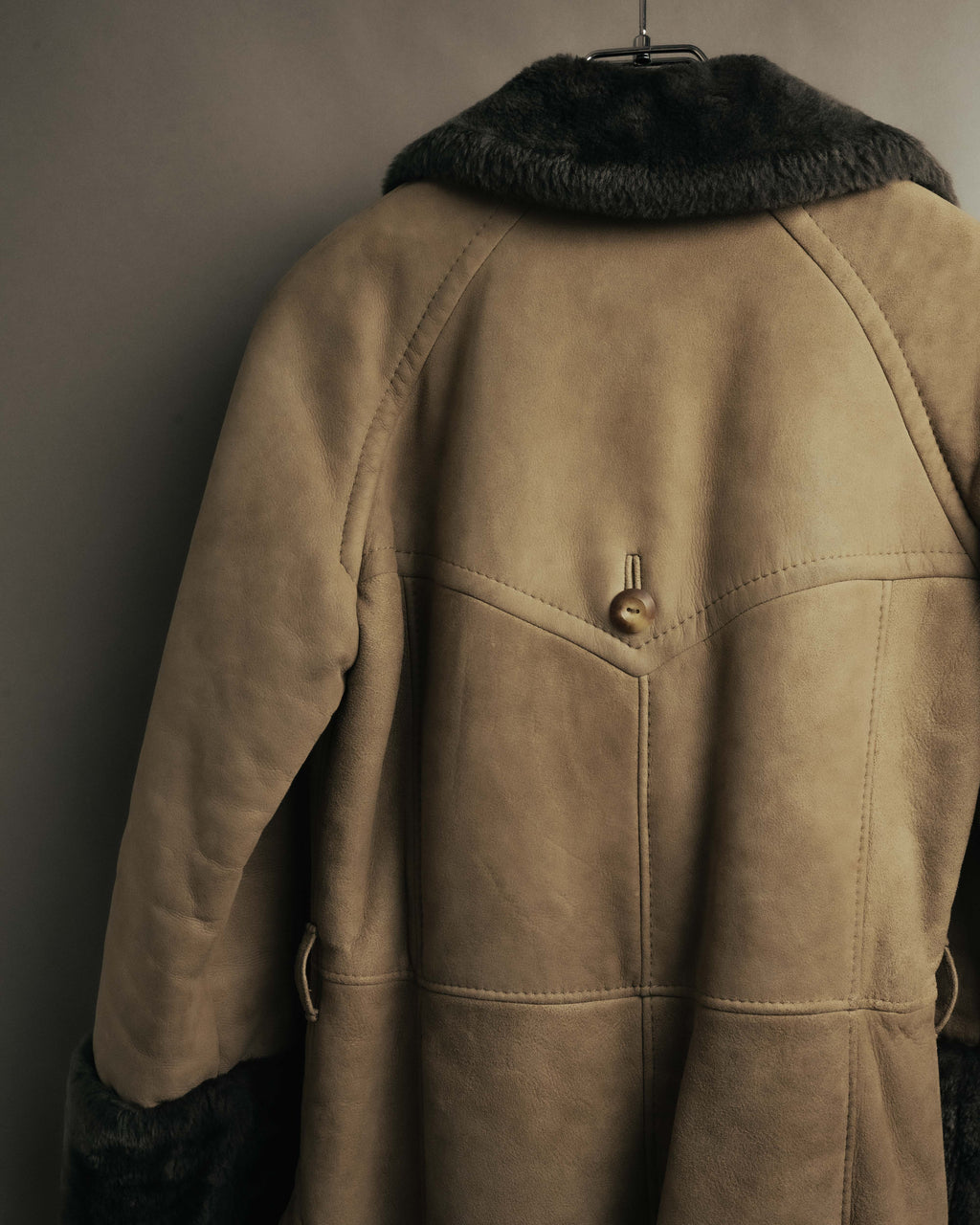“LOEWE” 70’s-early 90’s Suede shearling belted long coat