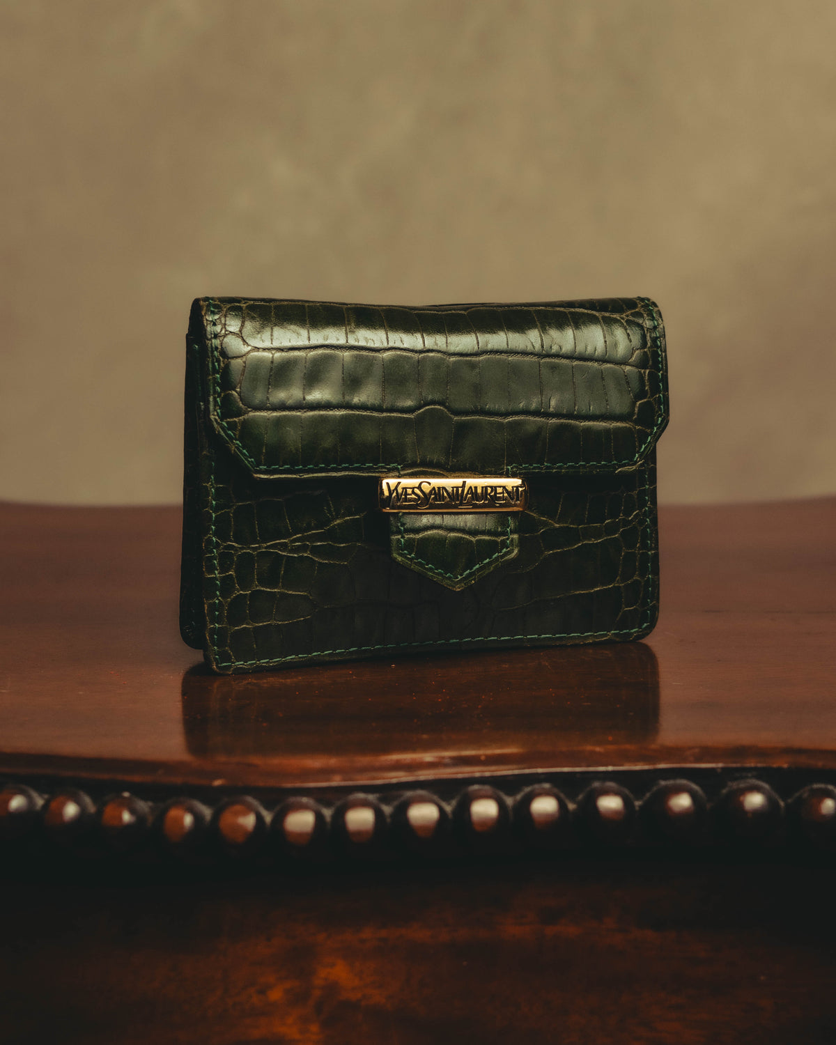 "Yves Saint Laurent" 80's Dark green crocodile compact wallet