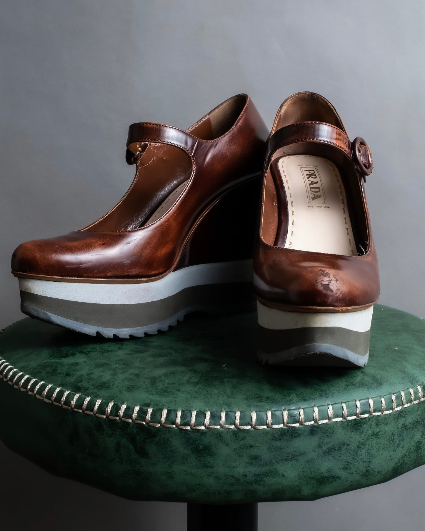 "PRADA" Brown leather stepped sole wedge heel pumps